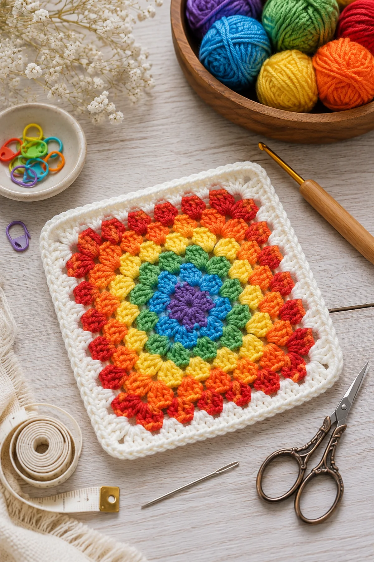 Yarn, crochet hook, stitch markers, yarn needle, tape measure, and scissors for easy crochet rainbow granny square