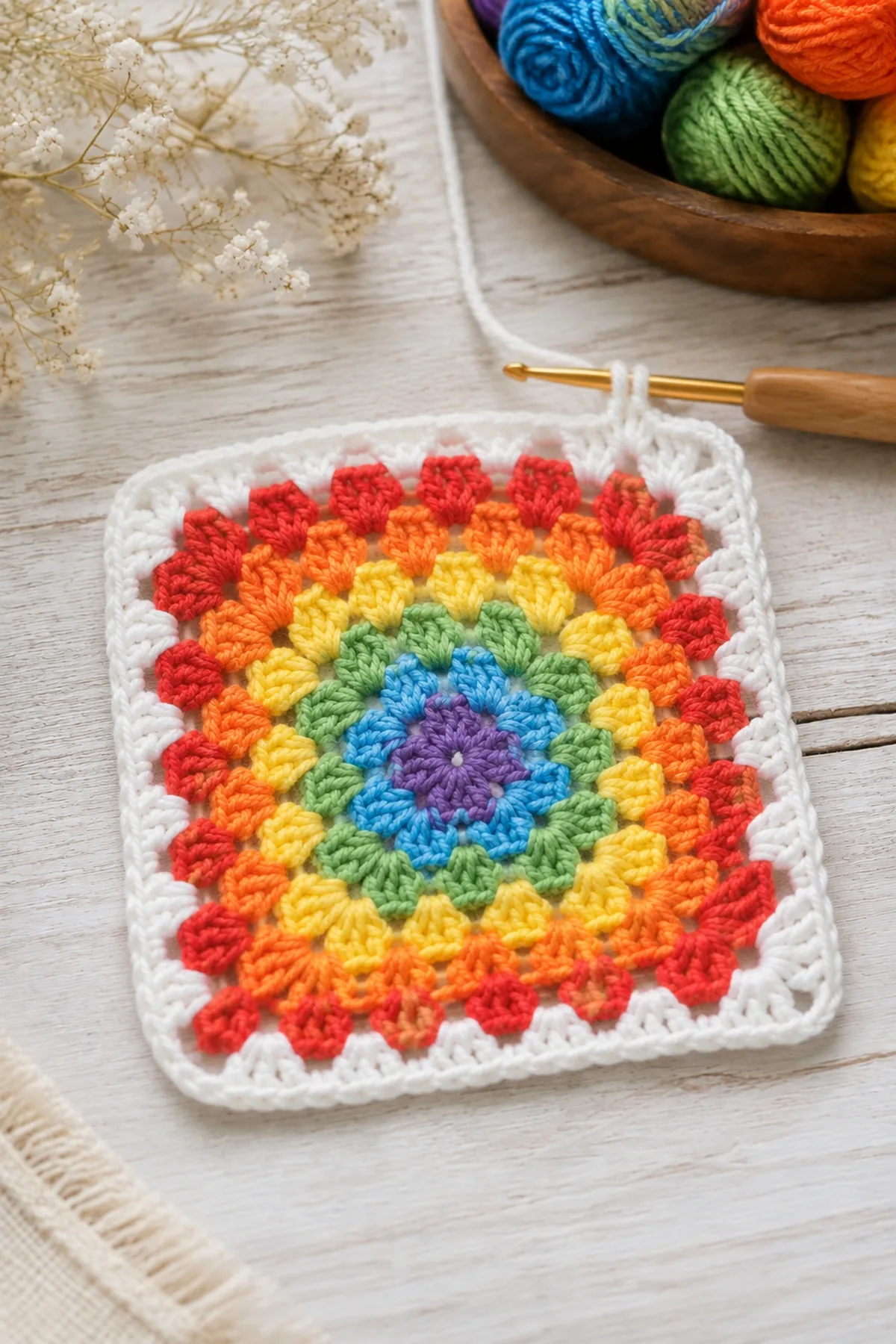Early crochet construction stage for easy crochet rainbow granny square with working yarn and hook