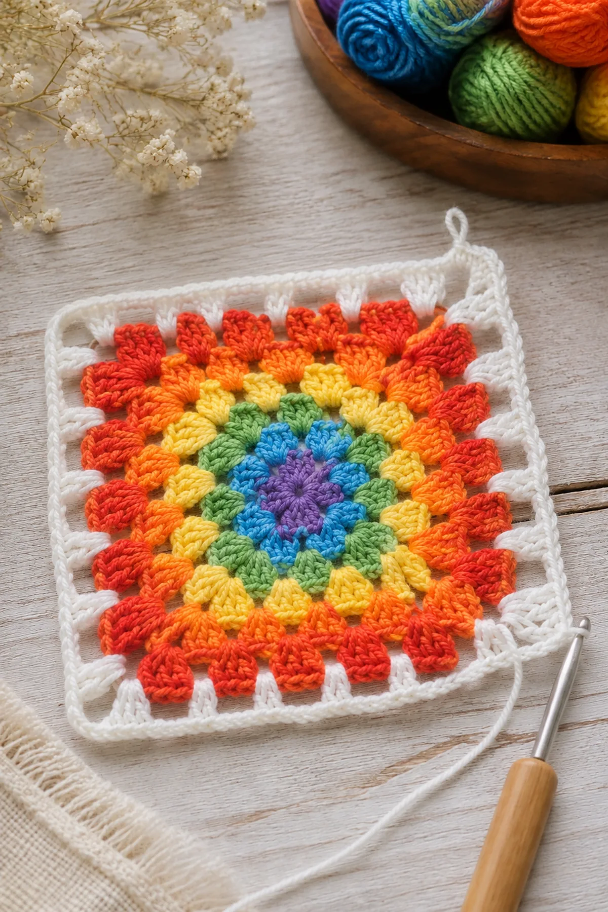Mid-process crochet construction and shaping for easy crochet rainbow granny square