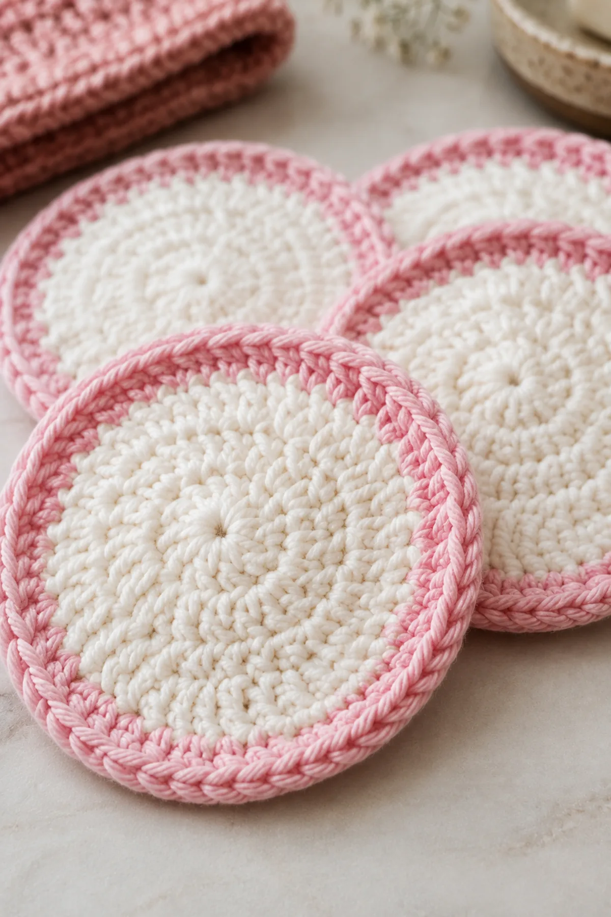 Close-up of the stitch texture and finishing details on easy crochet reusable face scrubbies for beginners