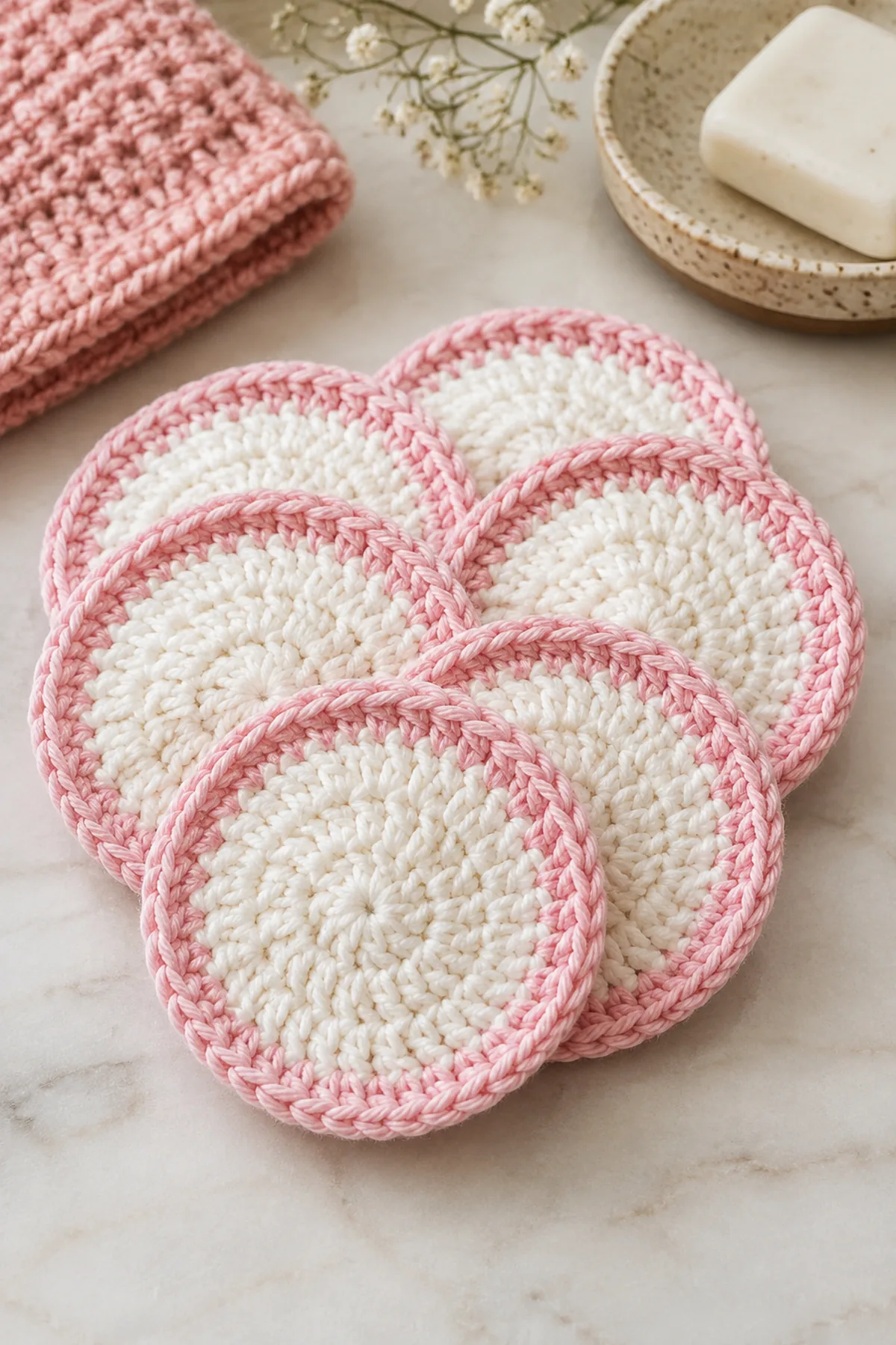 Finished easy crochet reusable face scrubbies for beginners displayed with a clean handmade finish