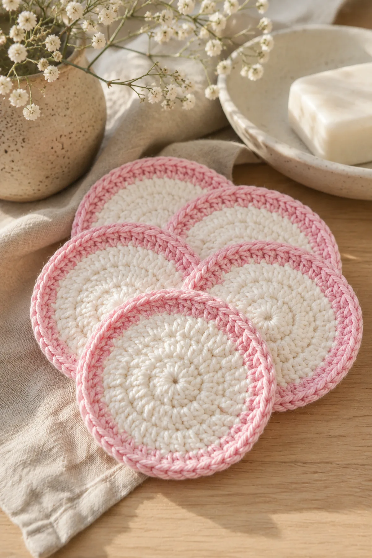 Finished easy crochet reusable face scrubbies for beginners styled in a bright natural setting