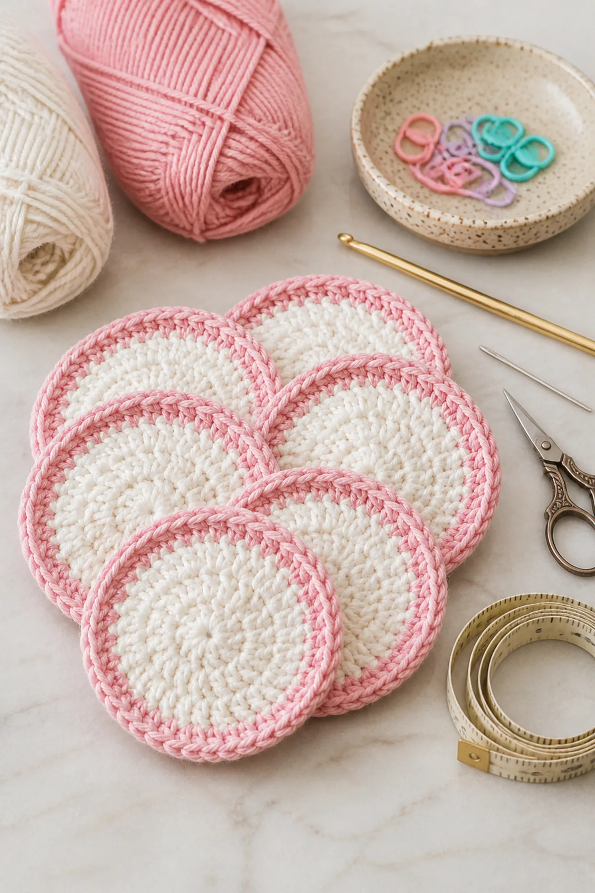 Yarn, crochet hook, stitch markers, yarn needle, tape measure, and scissors for easy crochet reusable face scrubbies for beginners