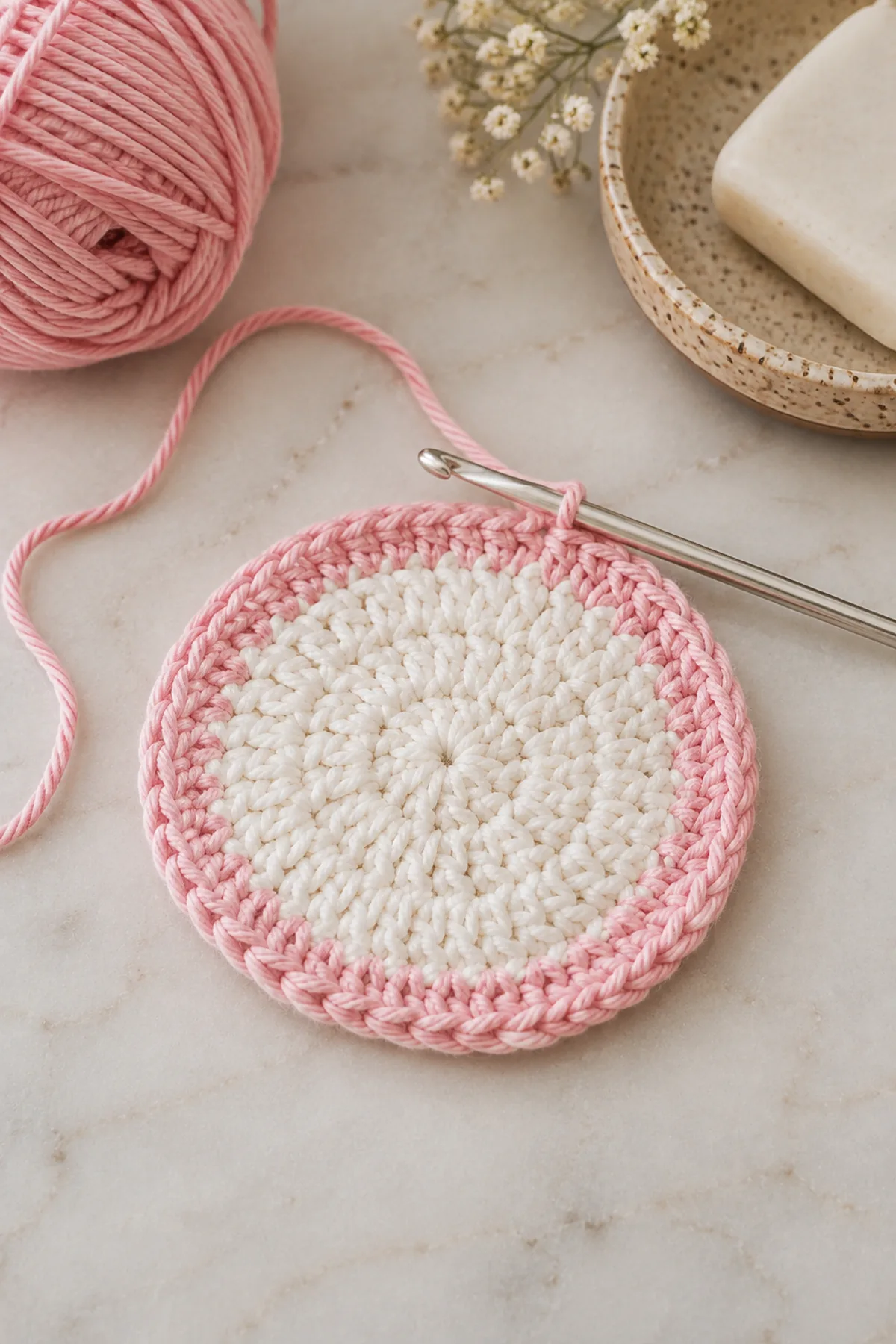 Early crochet construction stage for easy crochet reusable face scrubbies for beginners with working yarn and hook
