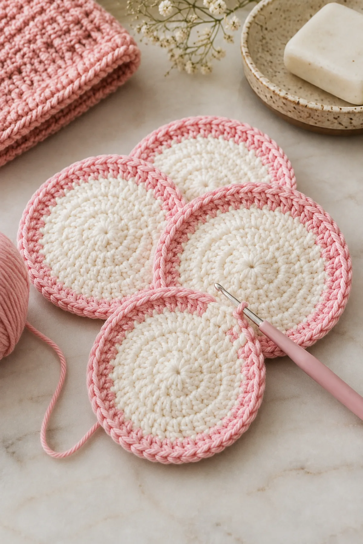Mid-process crochet construction and shaping for easy crochet reusable face scrubbies for beginners