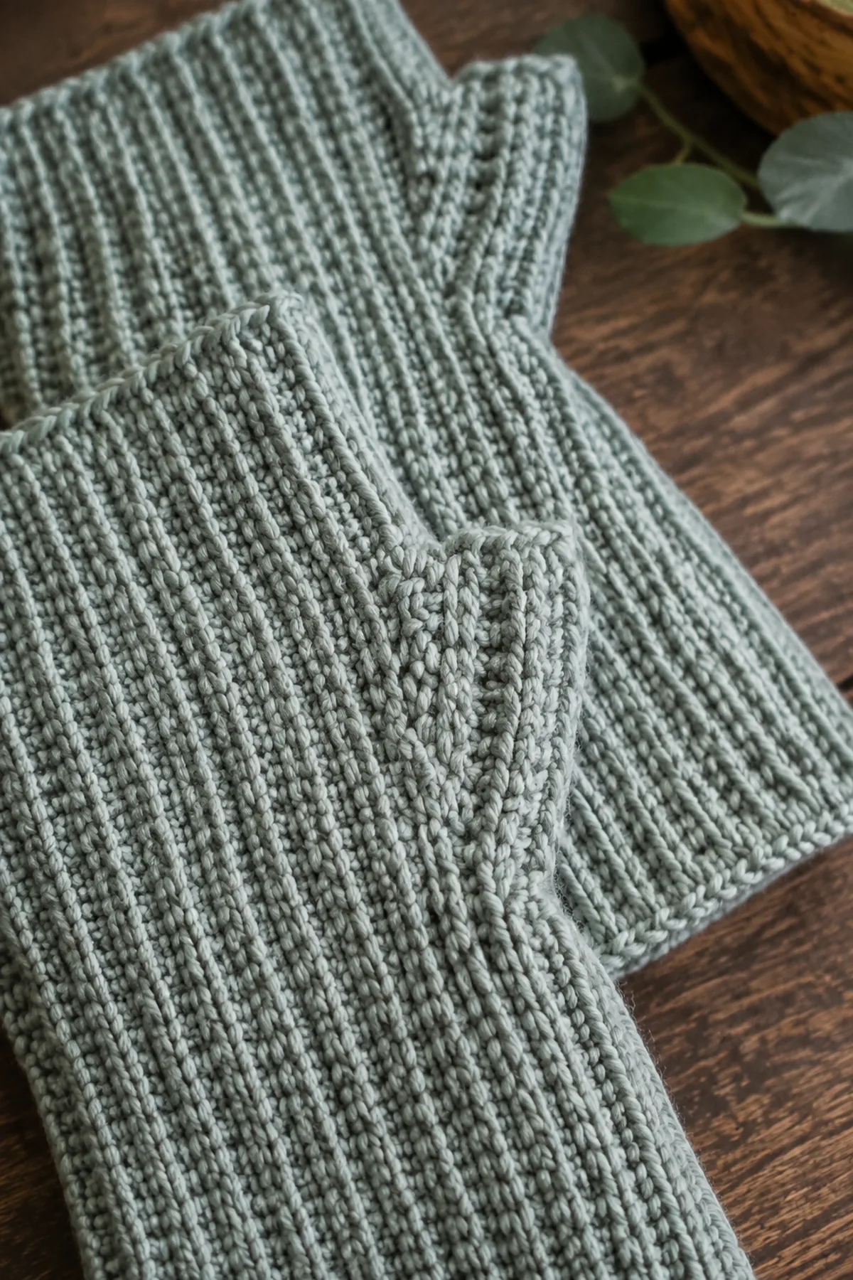 Close-up of the stitch texture and finishing details on easy crochet ribbed fingerless gloves