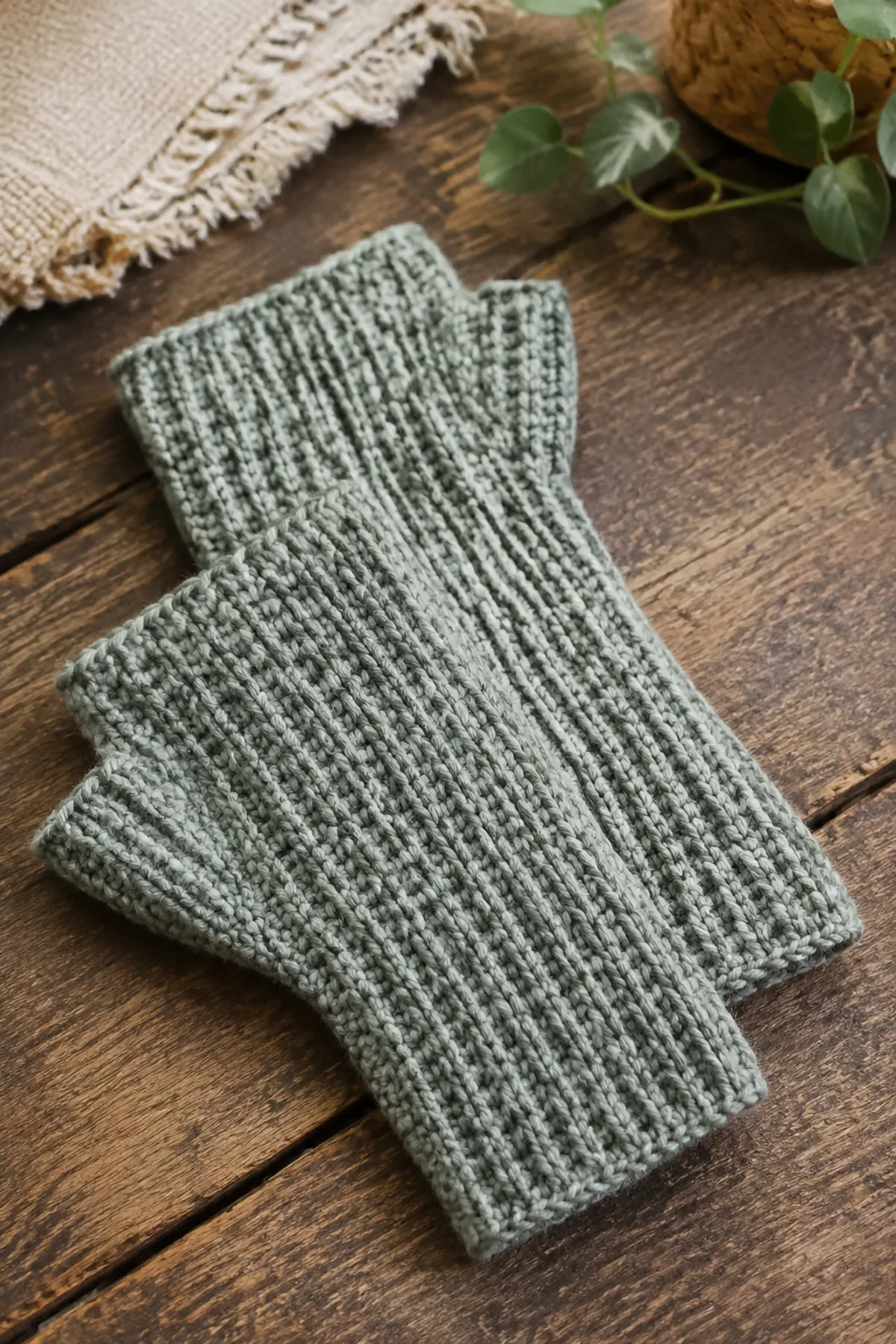 Finished easy crochet ribbed fingerless gloves displayed with a clean handmade finish