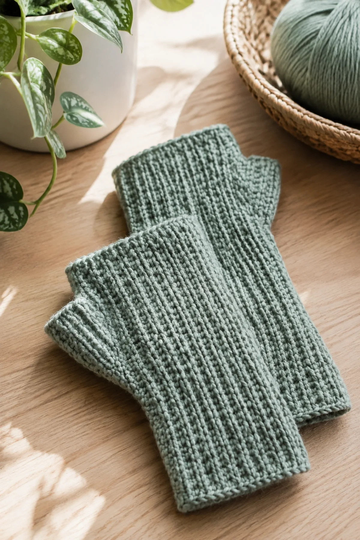 Finished easy crochet ribbed fingerless gloves styled in a bright natural setting
