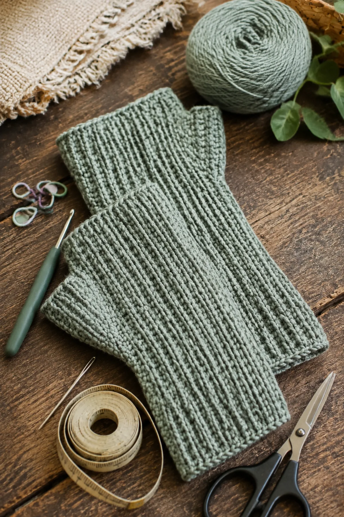 Yarn, crochet hook, stitch markers, yarn needle, tape measure, and scissors for easy crochet ribbed fingerless gloves