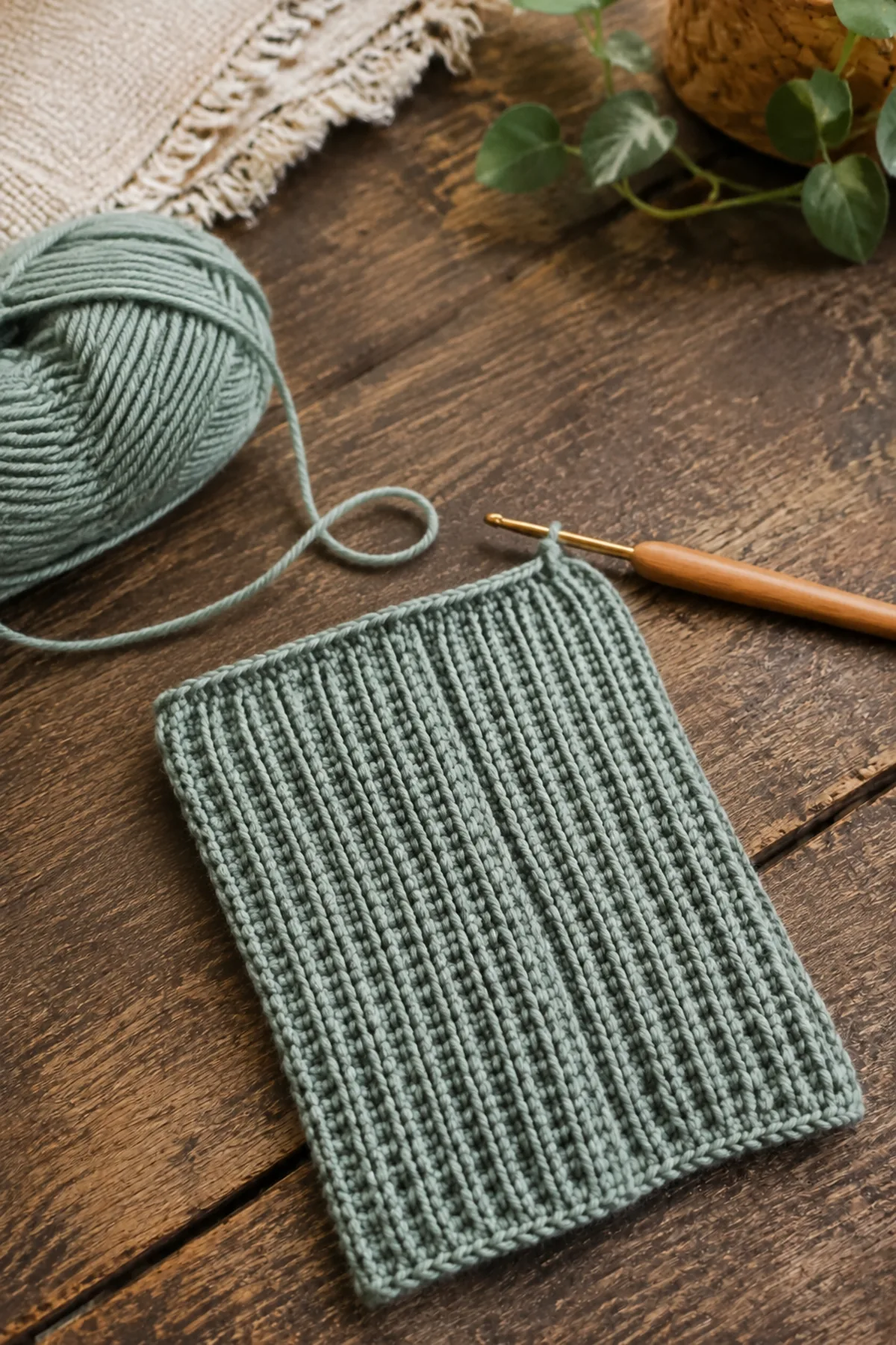 Early crochet construction stage for easy crochet ribbed fingerless gloves with working yarn and hook