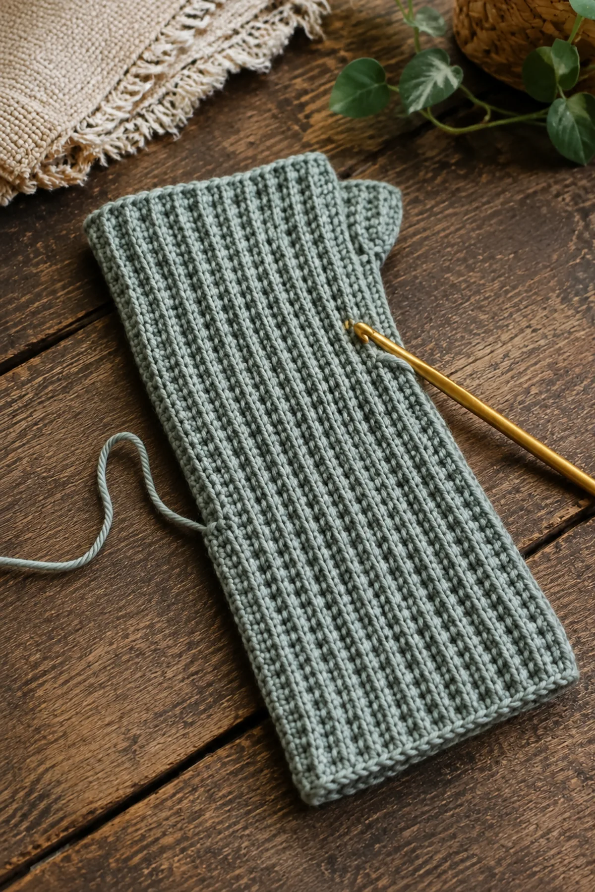 Mid-process crochet construction and shaping for easy crochet ribbed fingerless gloves