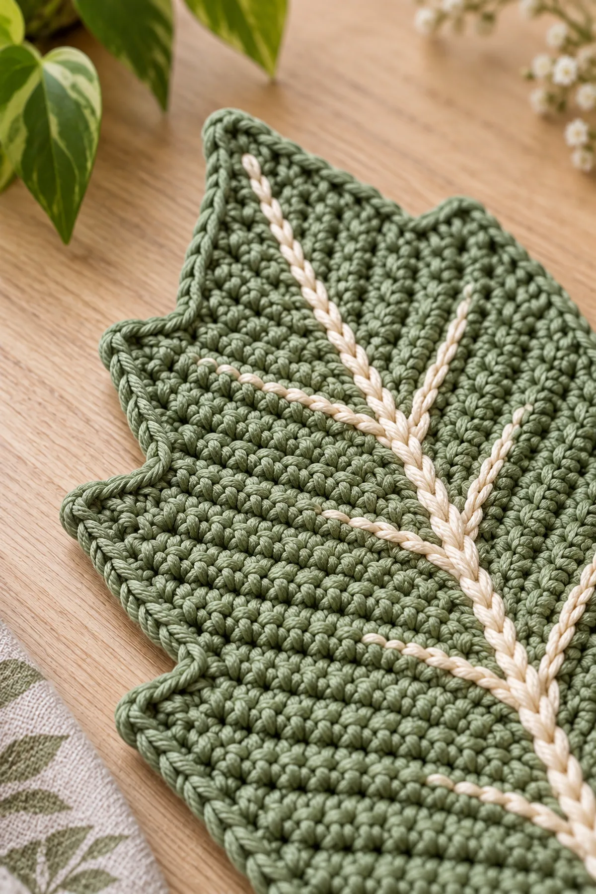 Close-up of sage ribbed leaf texture cream surface crochet vein and crab stitch edge