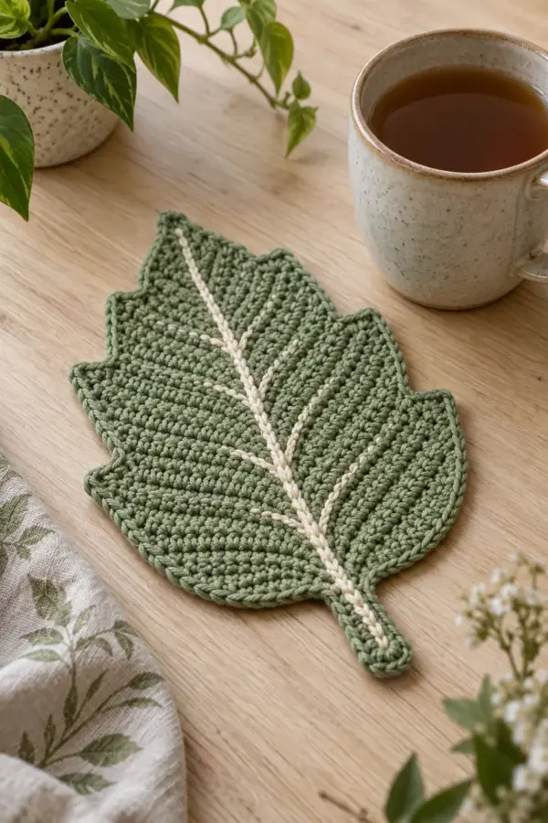 Finished sage green crochet leaf mug rug with cream raised vein and short stem