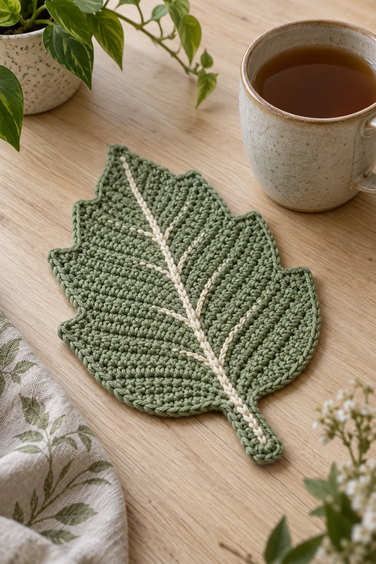 Finished sage green crochet leaf mug rug with cream raised vein and short stem