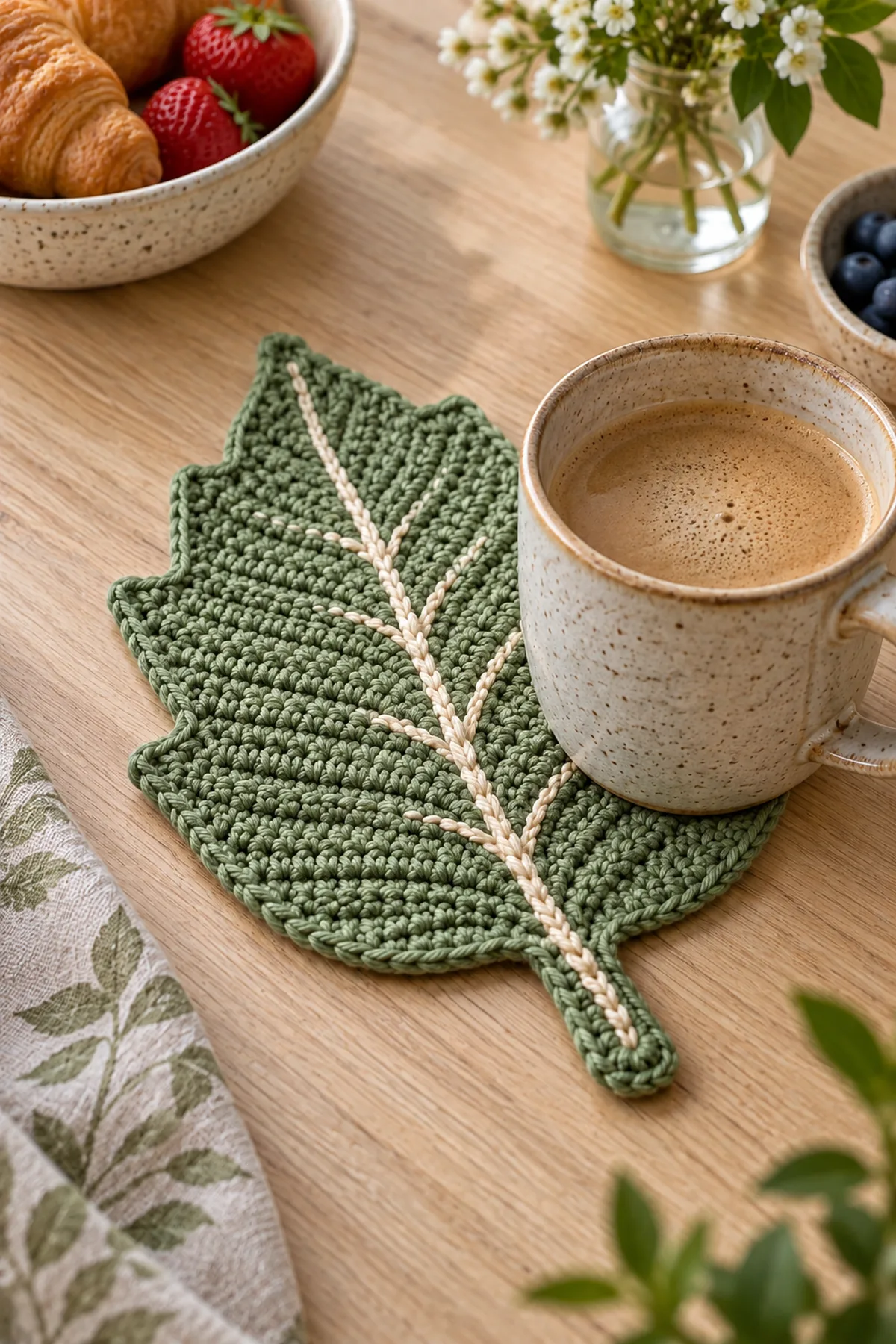 Sage leaf crochet mug rug styled beneath a handmade ceramic cup