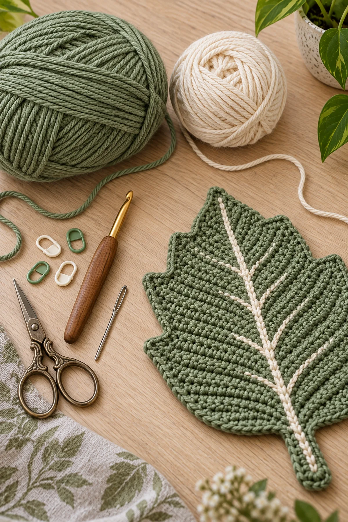 Sage and cream DK cotton crochet hook markers needle scissors and tape measure