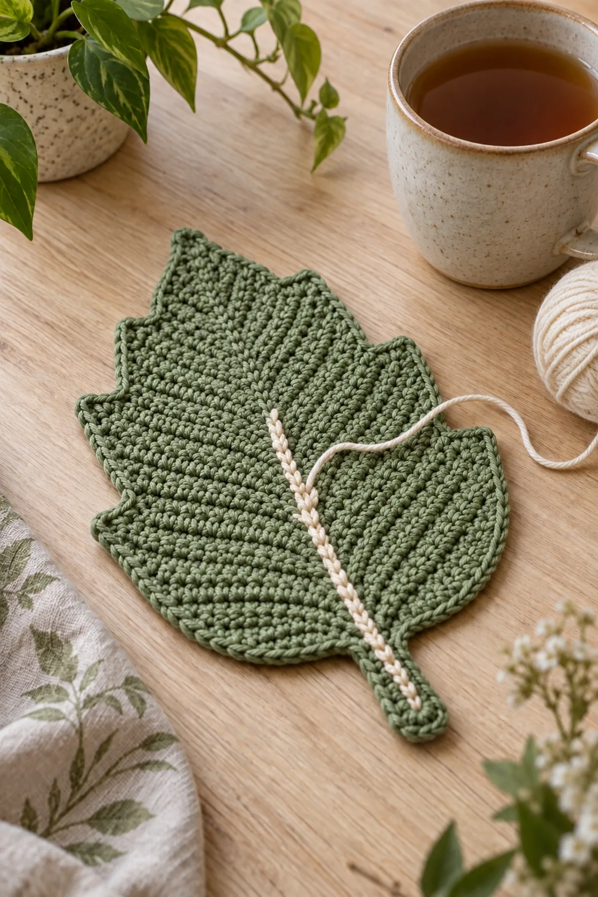 Shaped sage leaf mug rug with short row lobes before surface vein