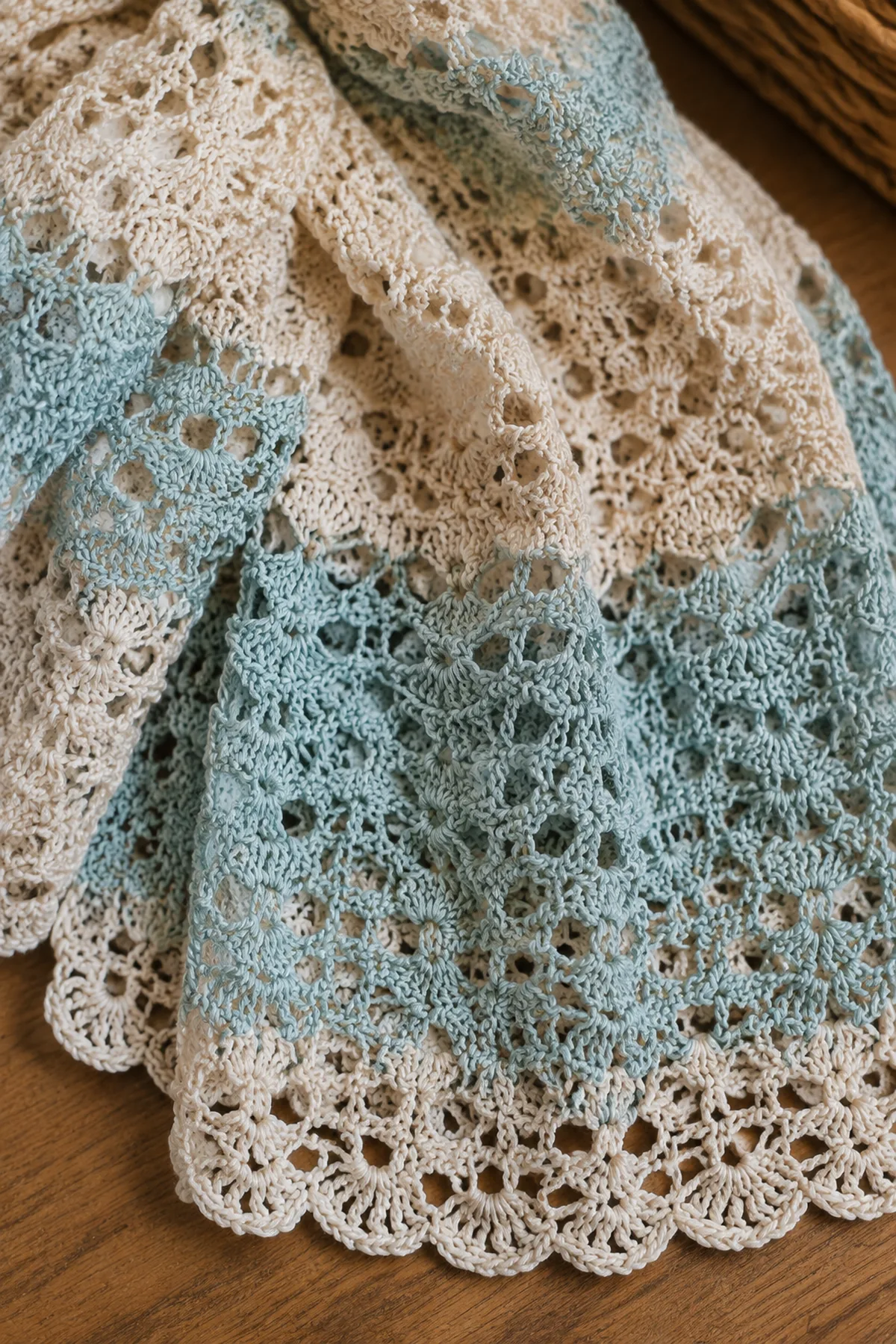 Close-up of the stitch texture and finishing details on easy crochet shell stitch summer scarf