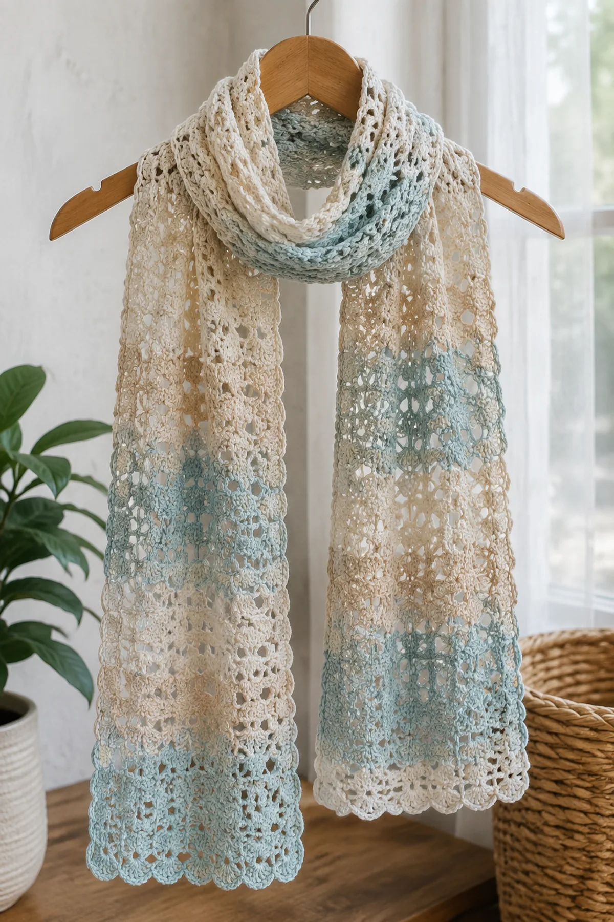 Finished easy crochet shell stitch summer scarf displayed with a clean handmade finish