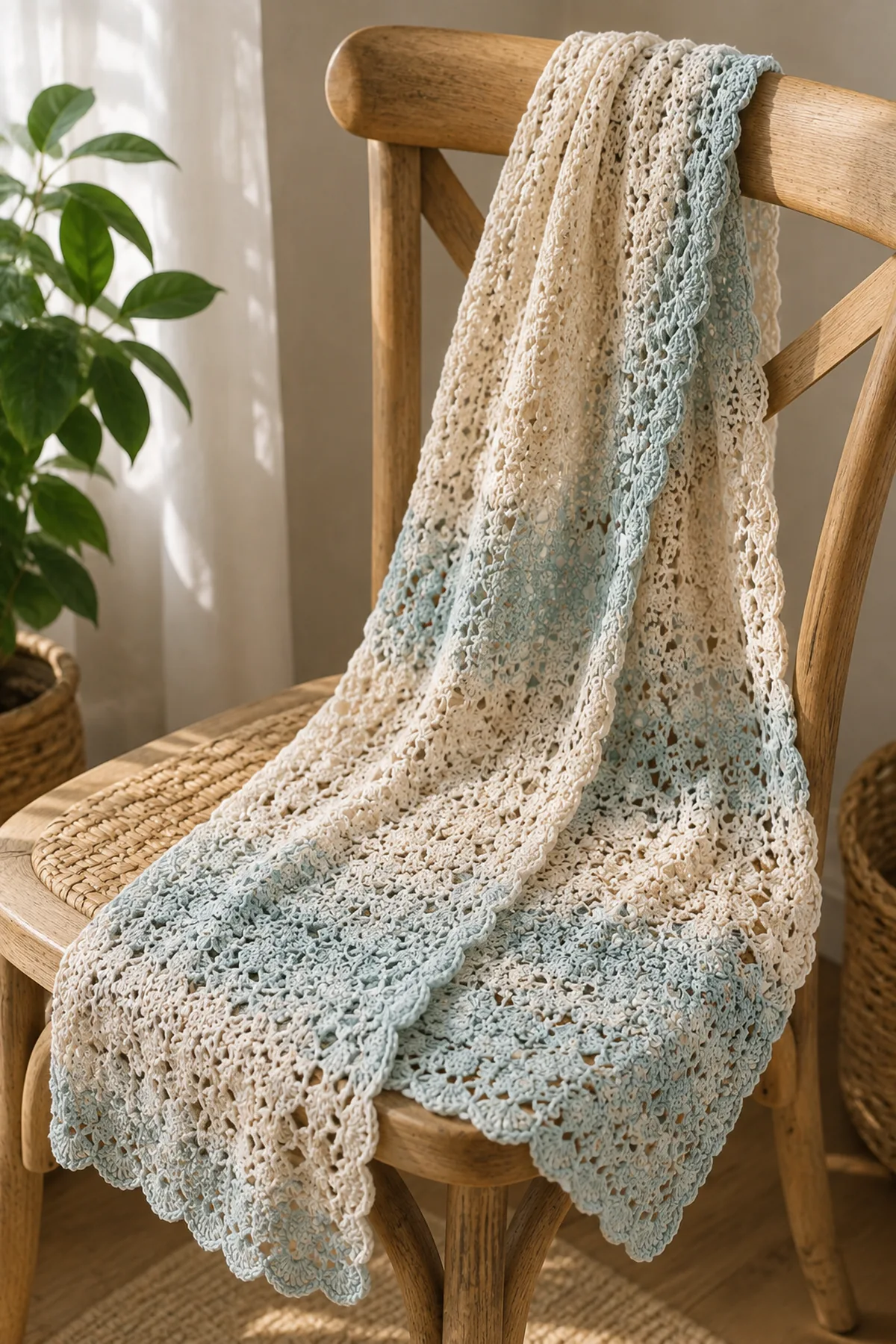 Finished easy crochet shell stitch summer scarf styled in a bright natural setting