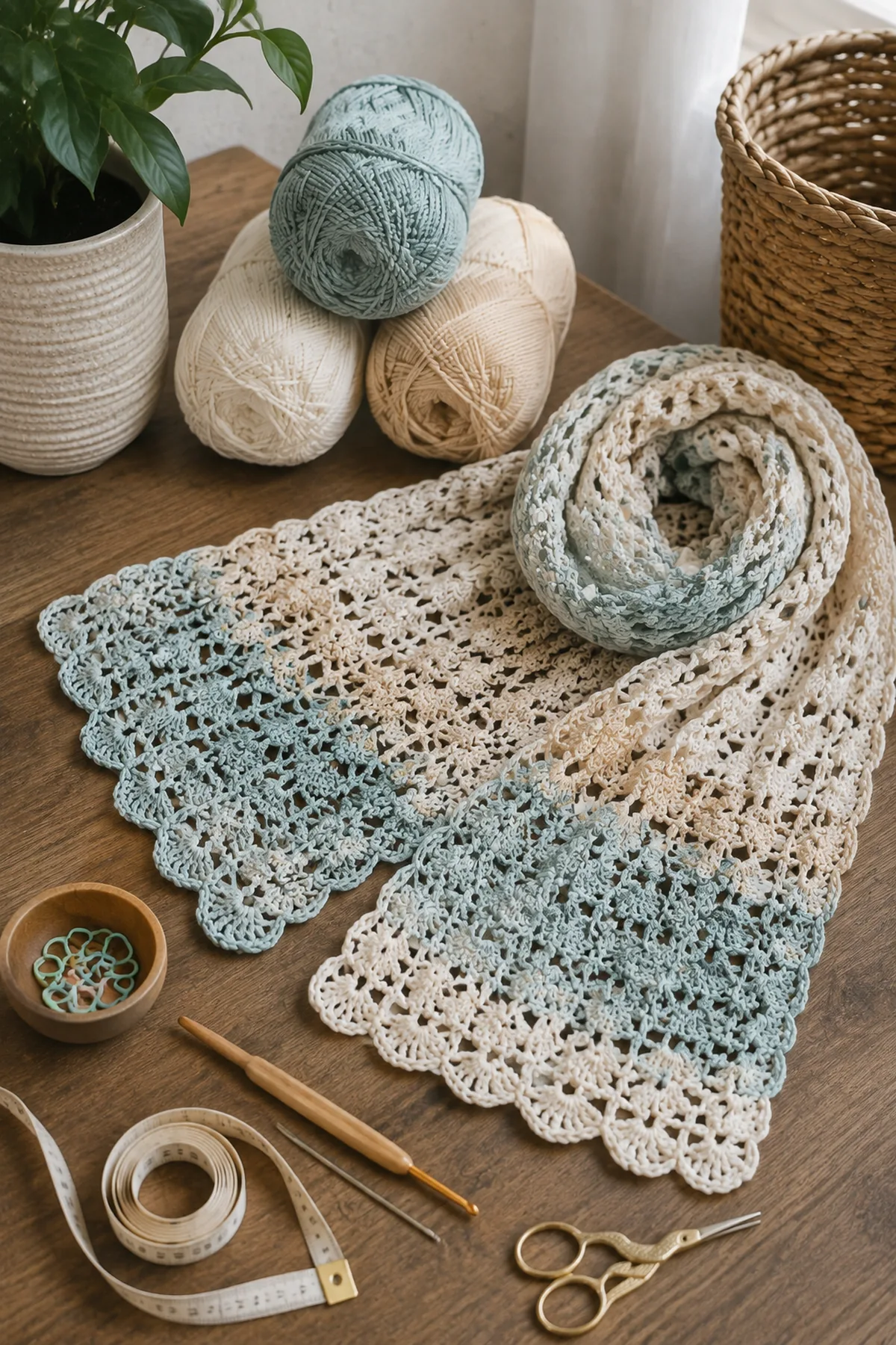 Yarn, crochet hook, stitch markers, yarn needle, tape measure, and scissors for easy crochet shell stitch summer scarf