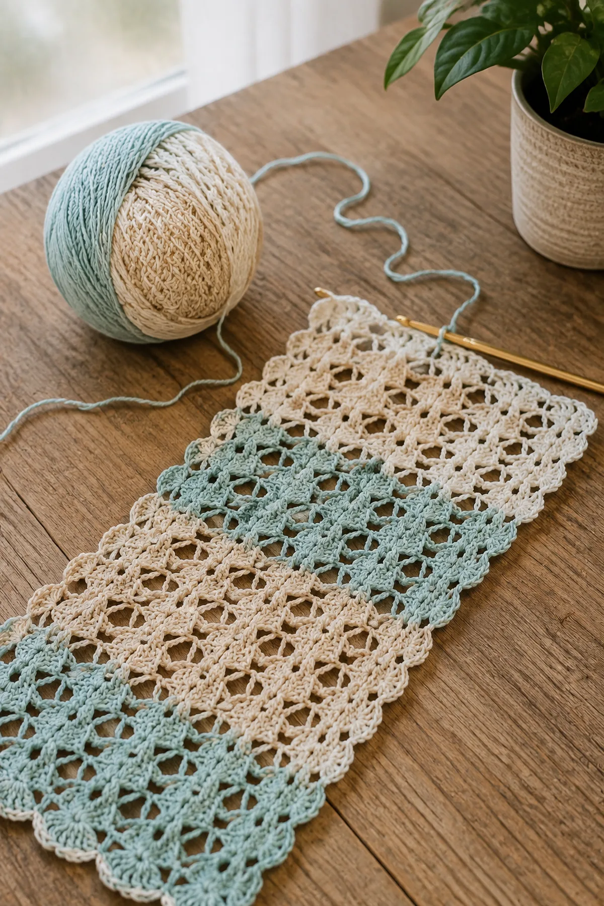 Early crochet construction stage for easy crochet shell stitch summer scarf with working yarn and hook