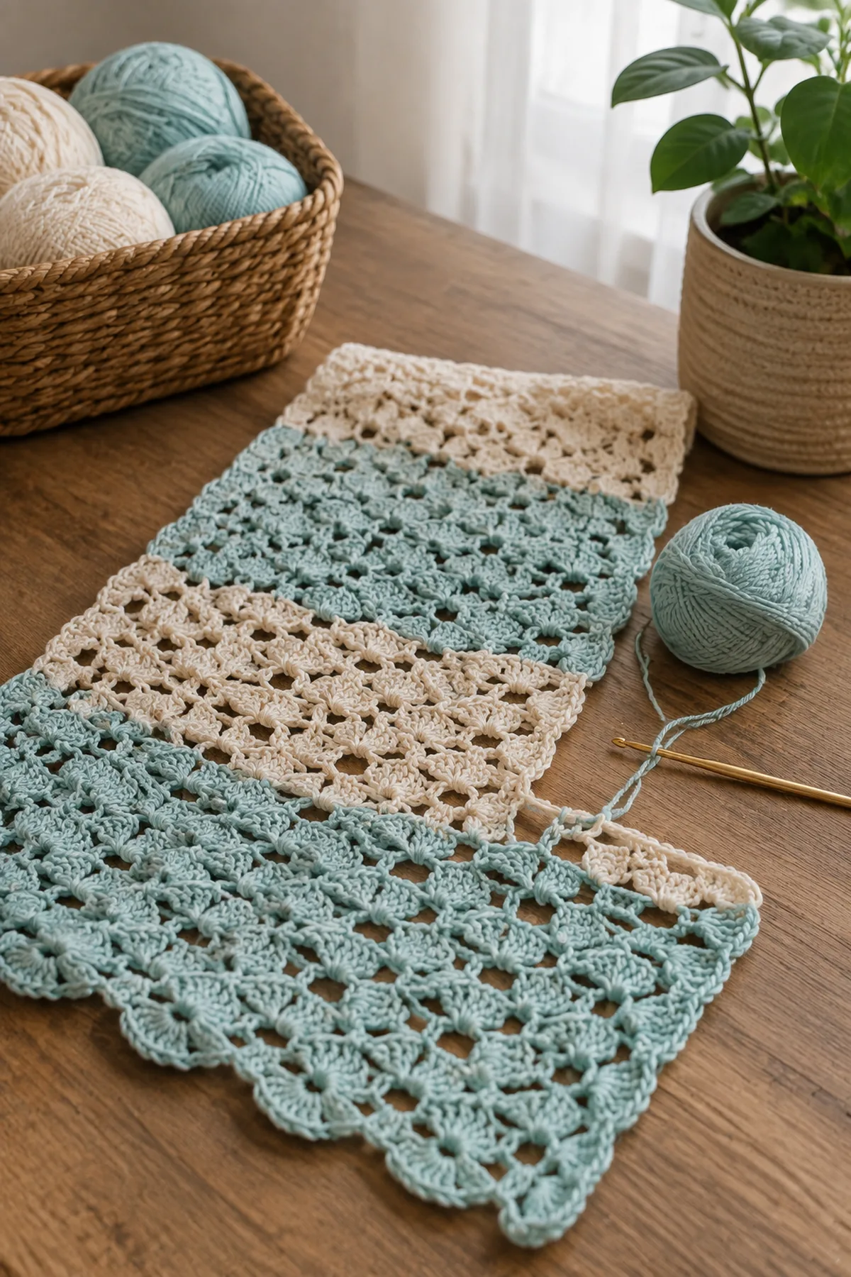 Mid-process crochet construction and shaping for easy crochet shell stitch summer scarf