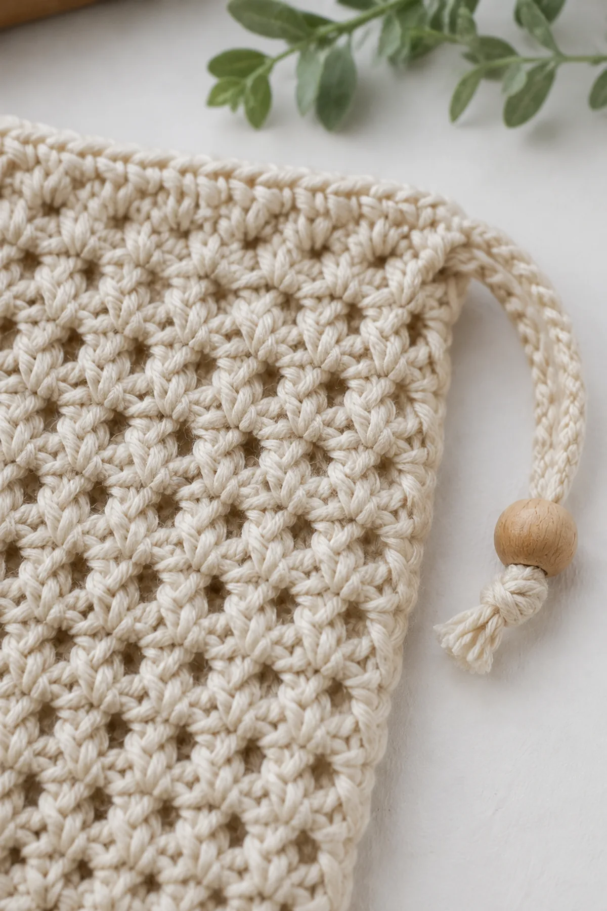 Close-up of the stitch texture and finishing details on easy crochet simple soap saver for beginners