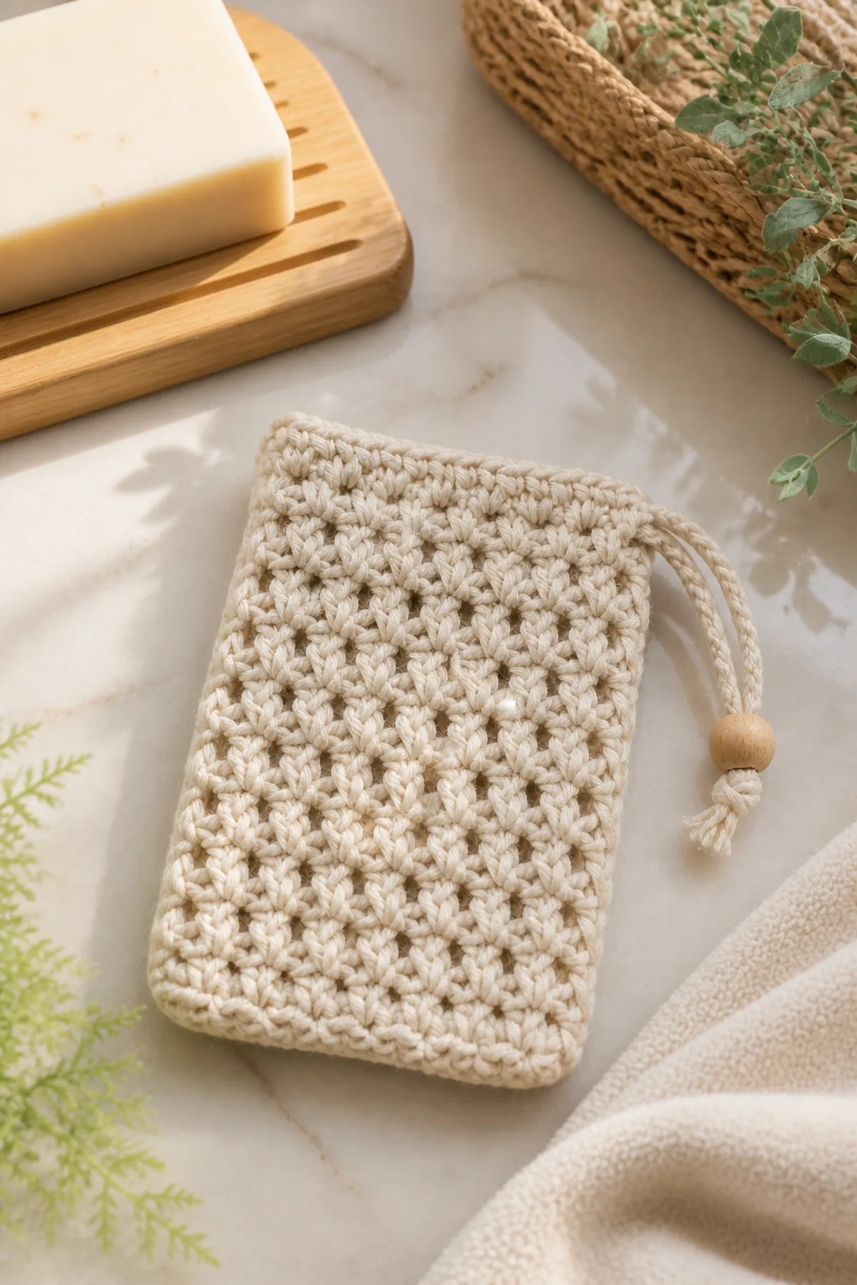 Finished easy crochet simple soap saver for beginners styled in a bright natural setting