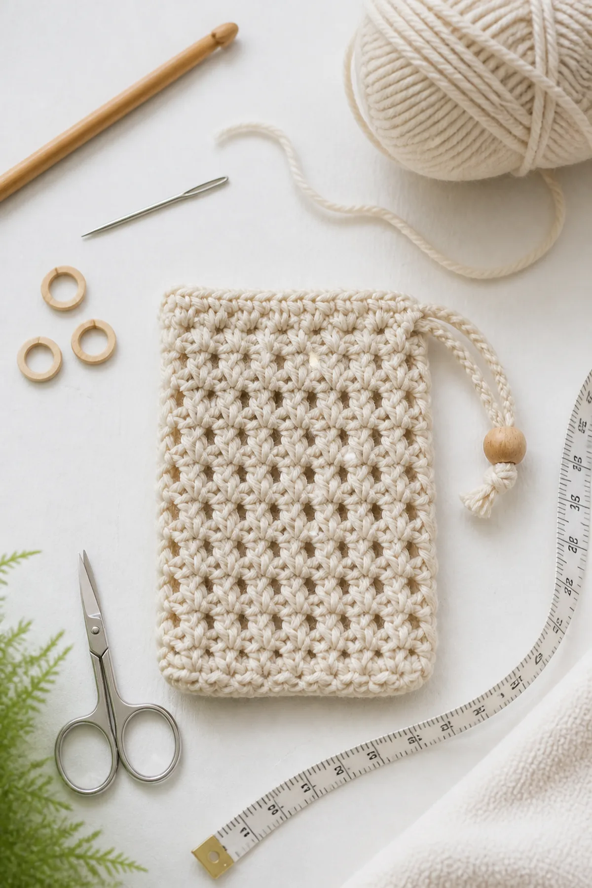 Yarn, crochet hook, stitch markers, yarn needle, tape measure, and scissors for easy crochet simple soap saver for beginners