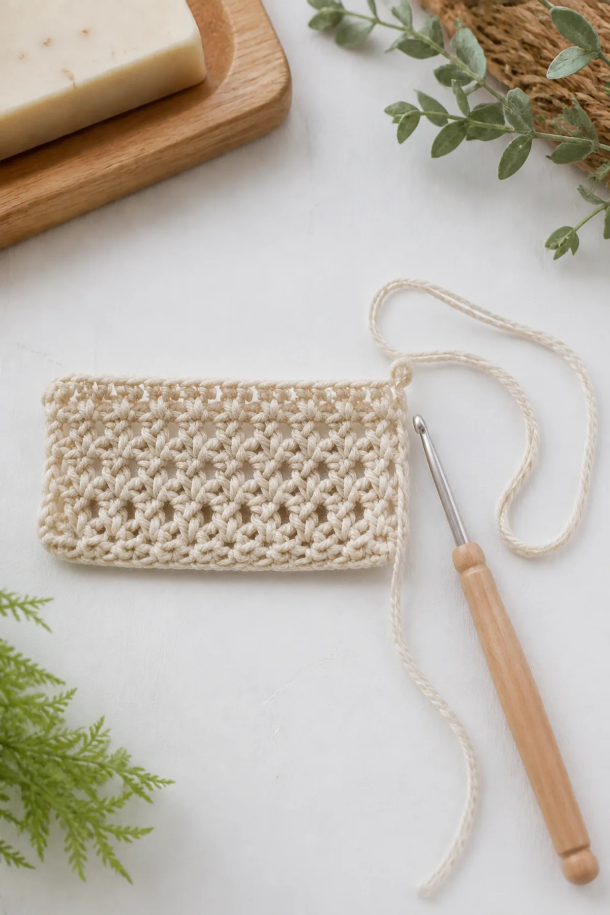 Early crochet construction stage for easy crochet simple soap saver for beginners with working yarn and hook