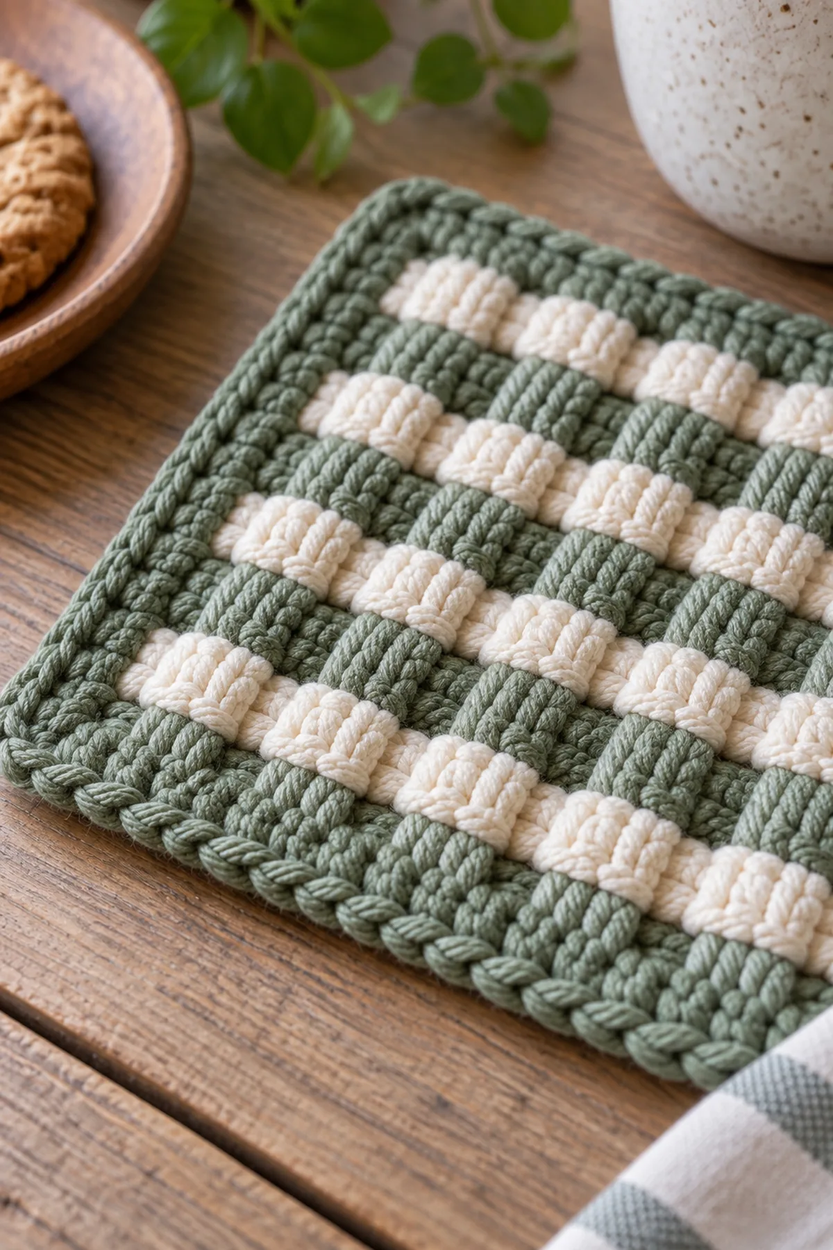 Close-up of the stitch texture and finishing details on easy crochet woven mug rug