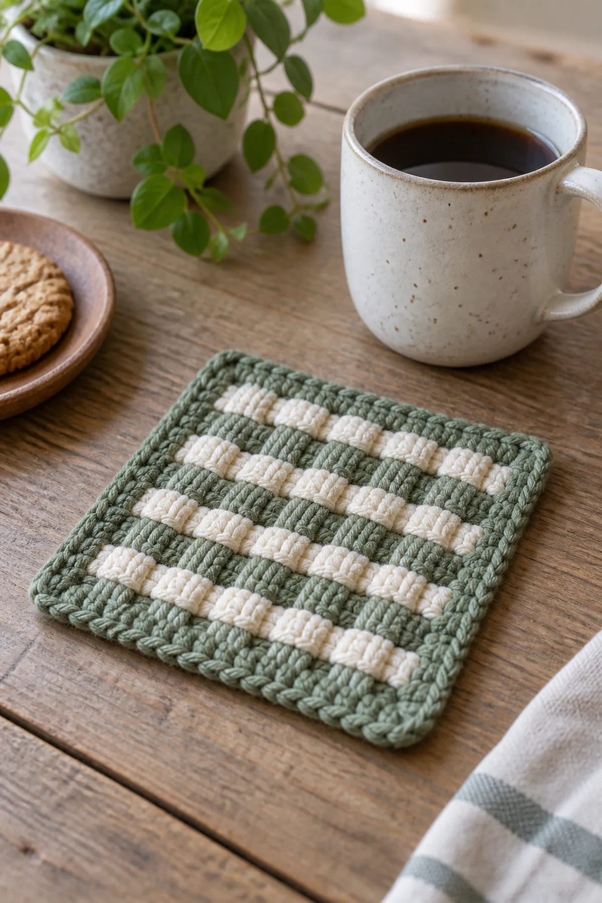 Finished easy crochet woven mug rug displayed with a clean handmade finish