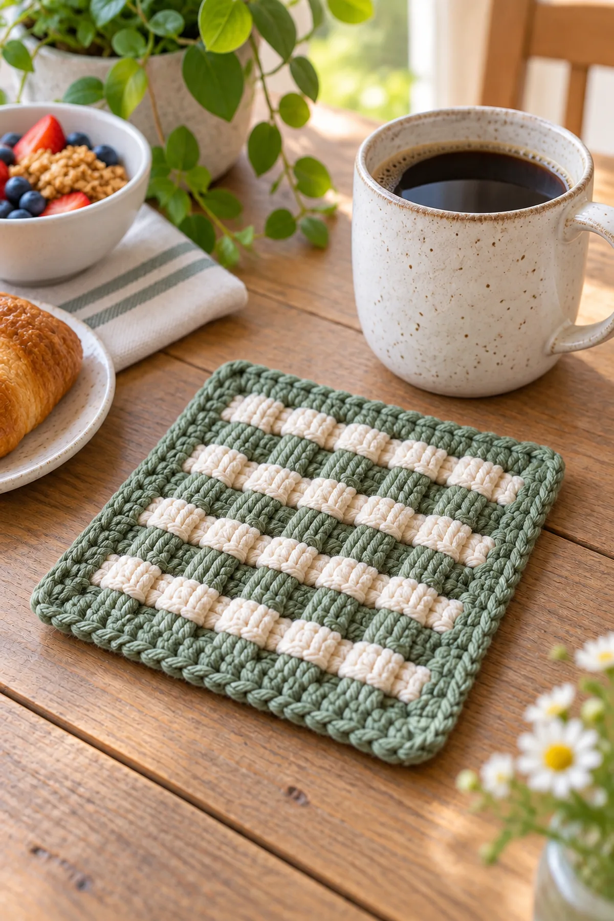 Finished easy crochet woven mug rug styled in a bright natural setting