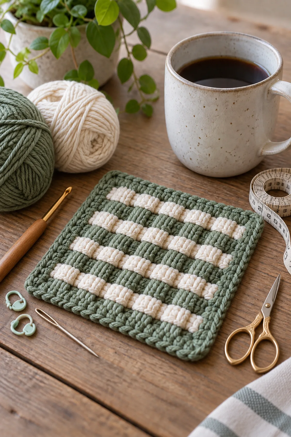 Yarn, crochet hook, stitch markers, yarn needle, tape measure, and scissors for easy crochet woven mug rug