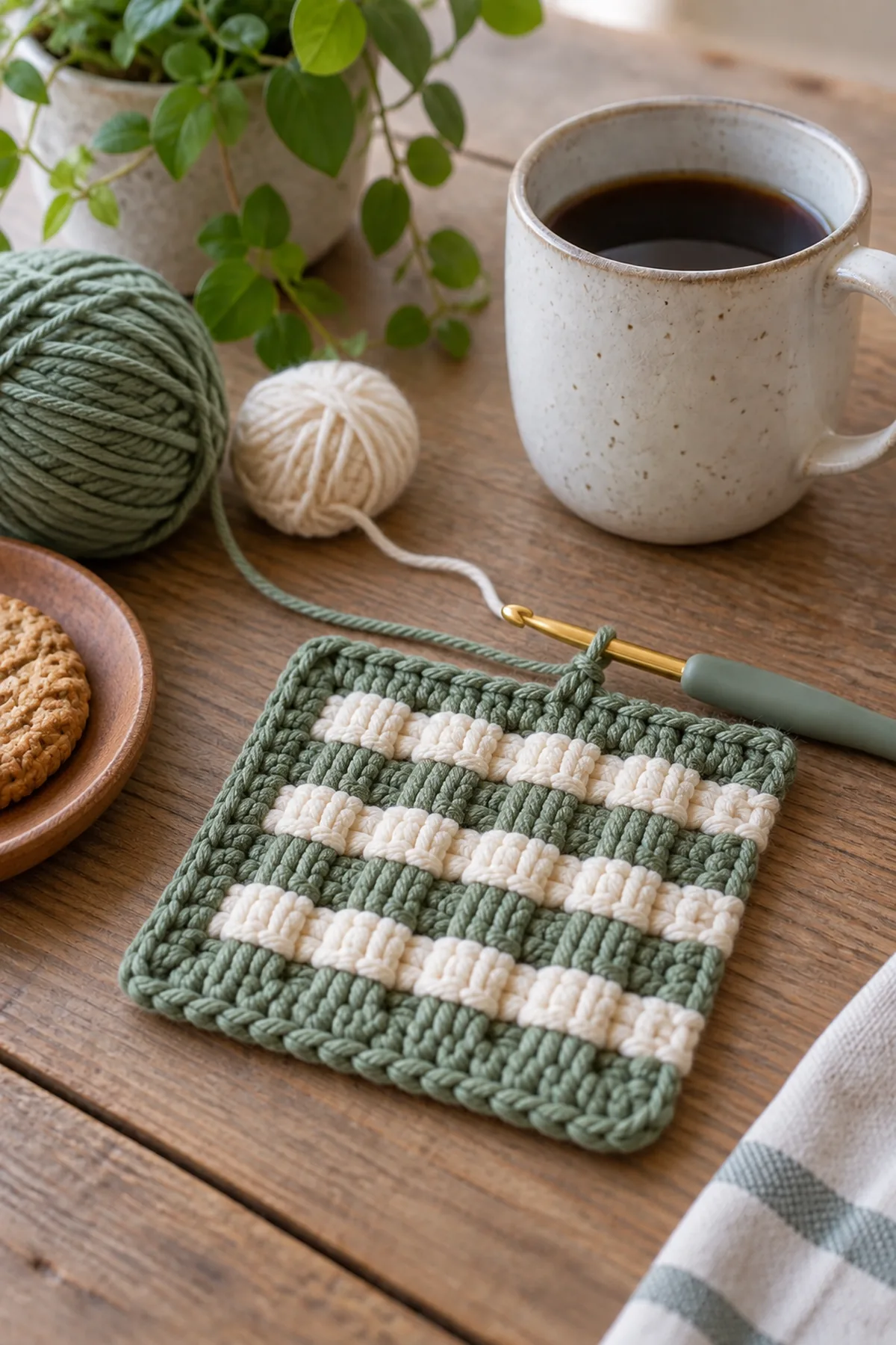 Early crochet construction stage for easy crochet woven mug rug with working yarn and hook