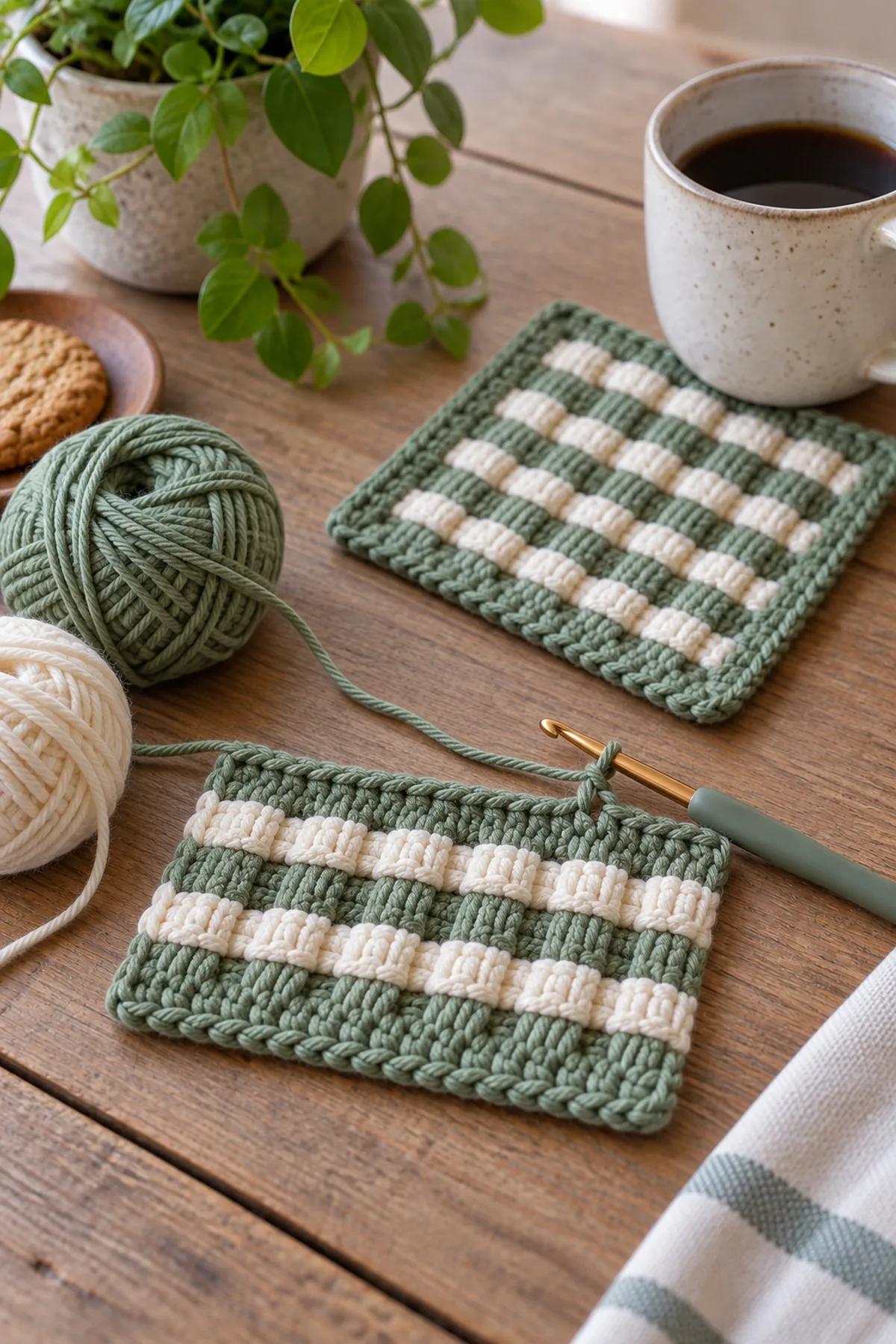 Mid-process crochet construction and shaping for easy crochet woven mug rug
