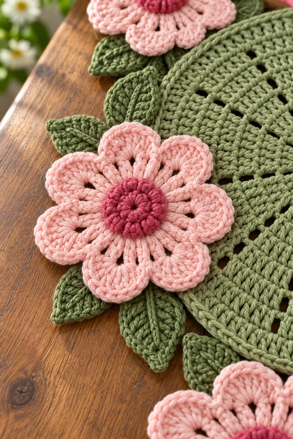 Close-up of layered blush crochet flower textured leaf and sage lace medallion