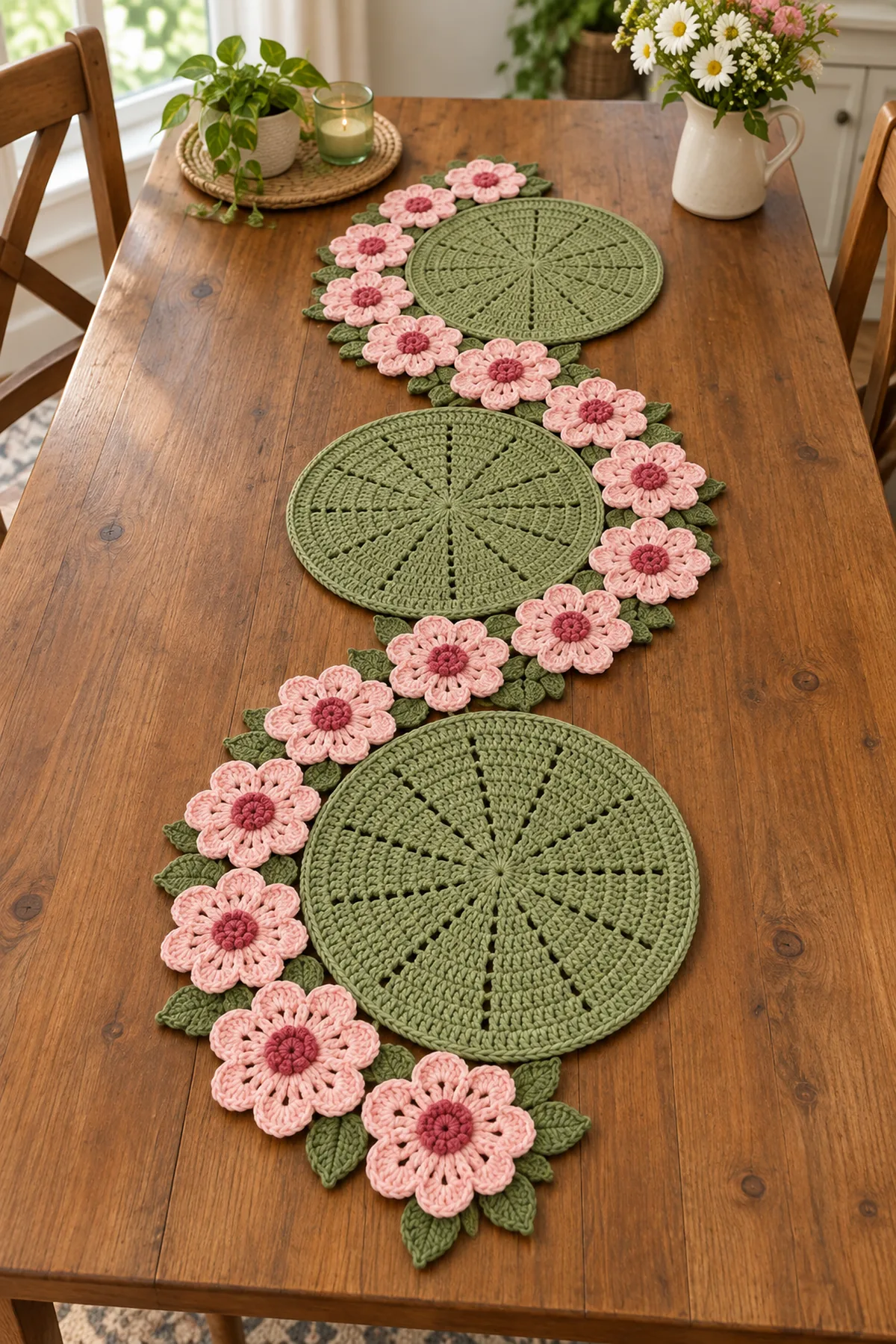 Finished floral garden crochet table runner with sage medallions blush flowers and leaves