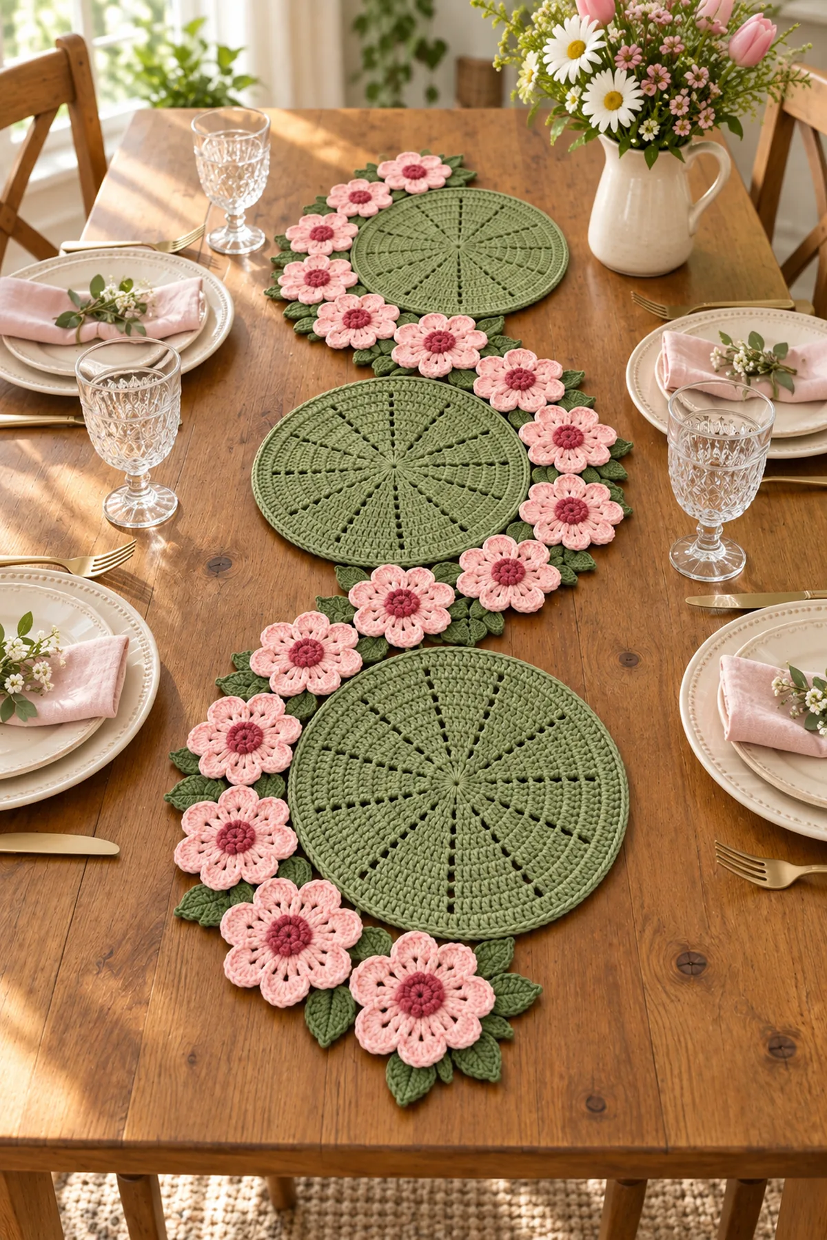 Floral garden crochet table runner styled on a bright spring dining table