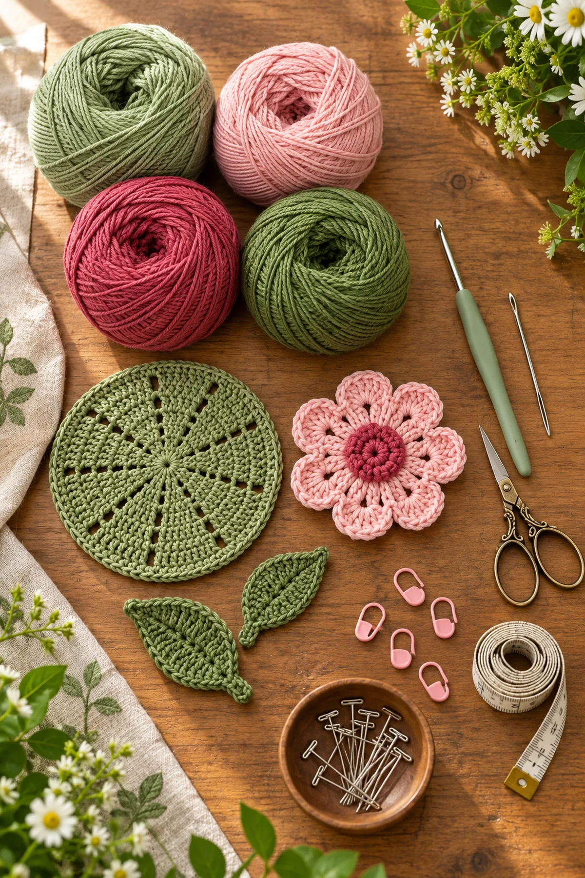 Sage blush deep rose and moss cotton yarn with crochet hook markers needle and scissors