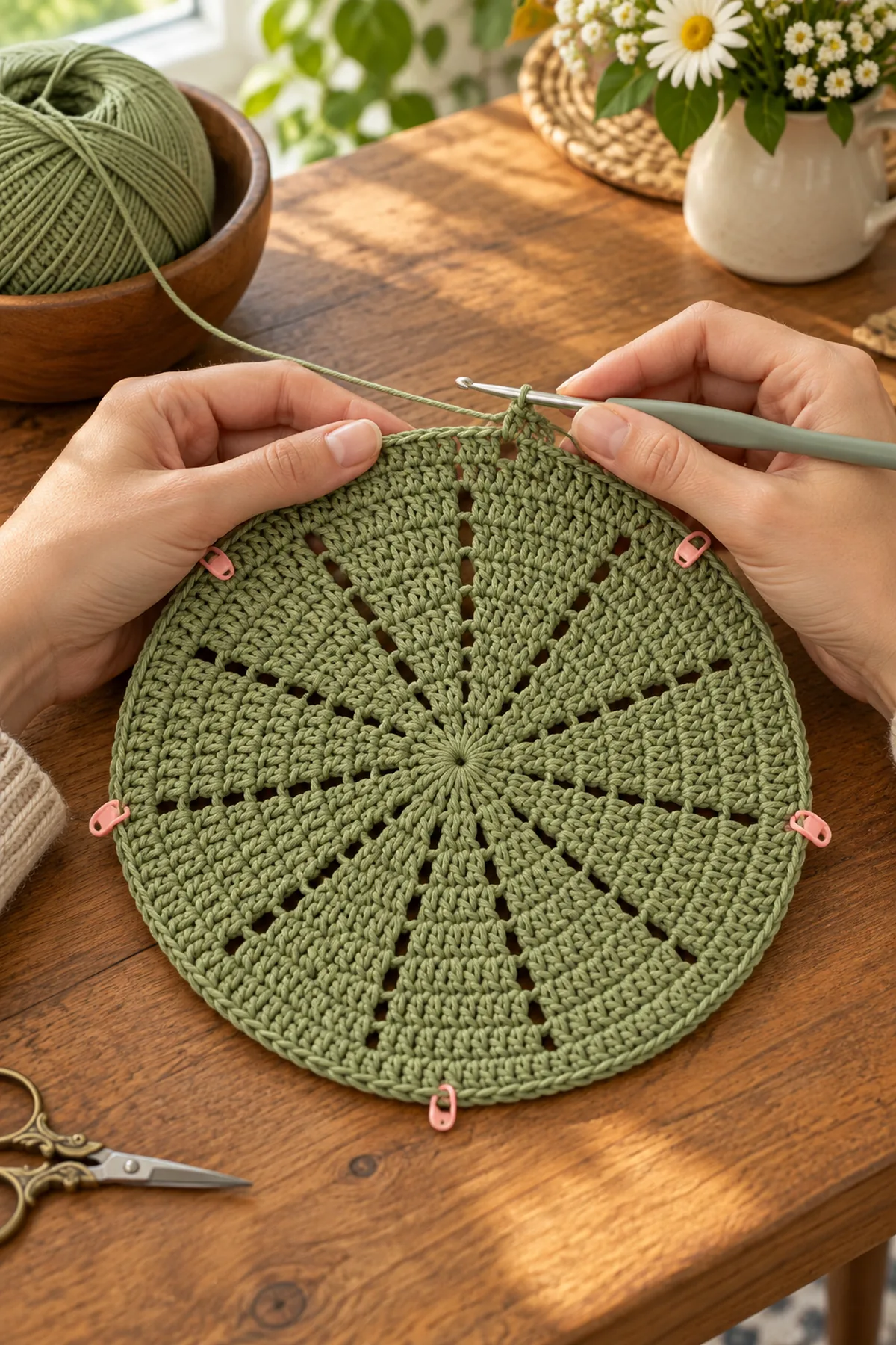 Large sage round lace crochet medallion in progress