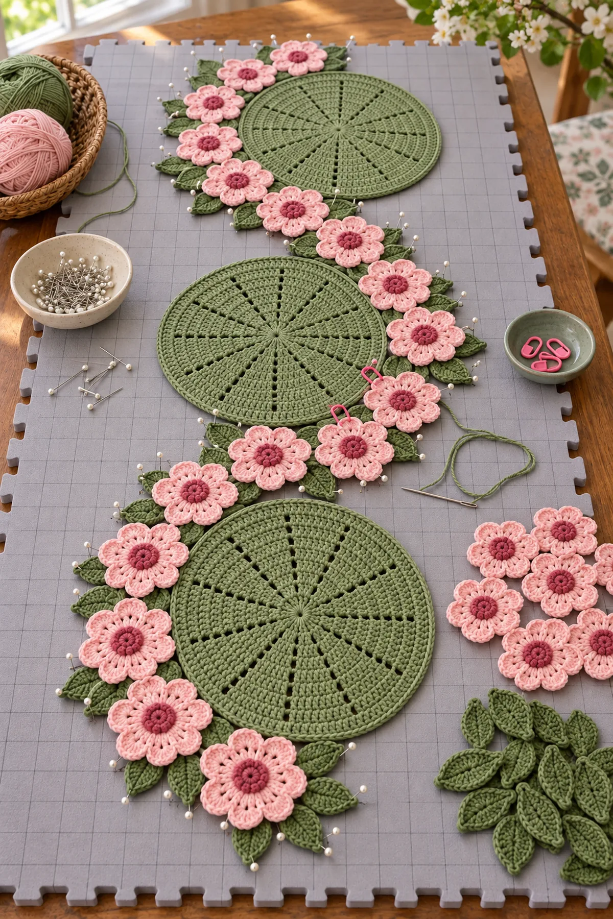 Three sage medallions with blush flowers and moss leaves arranged before joining