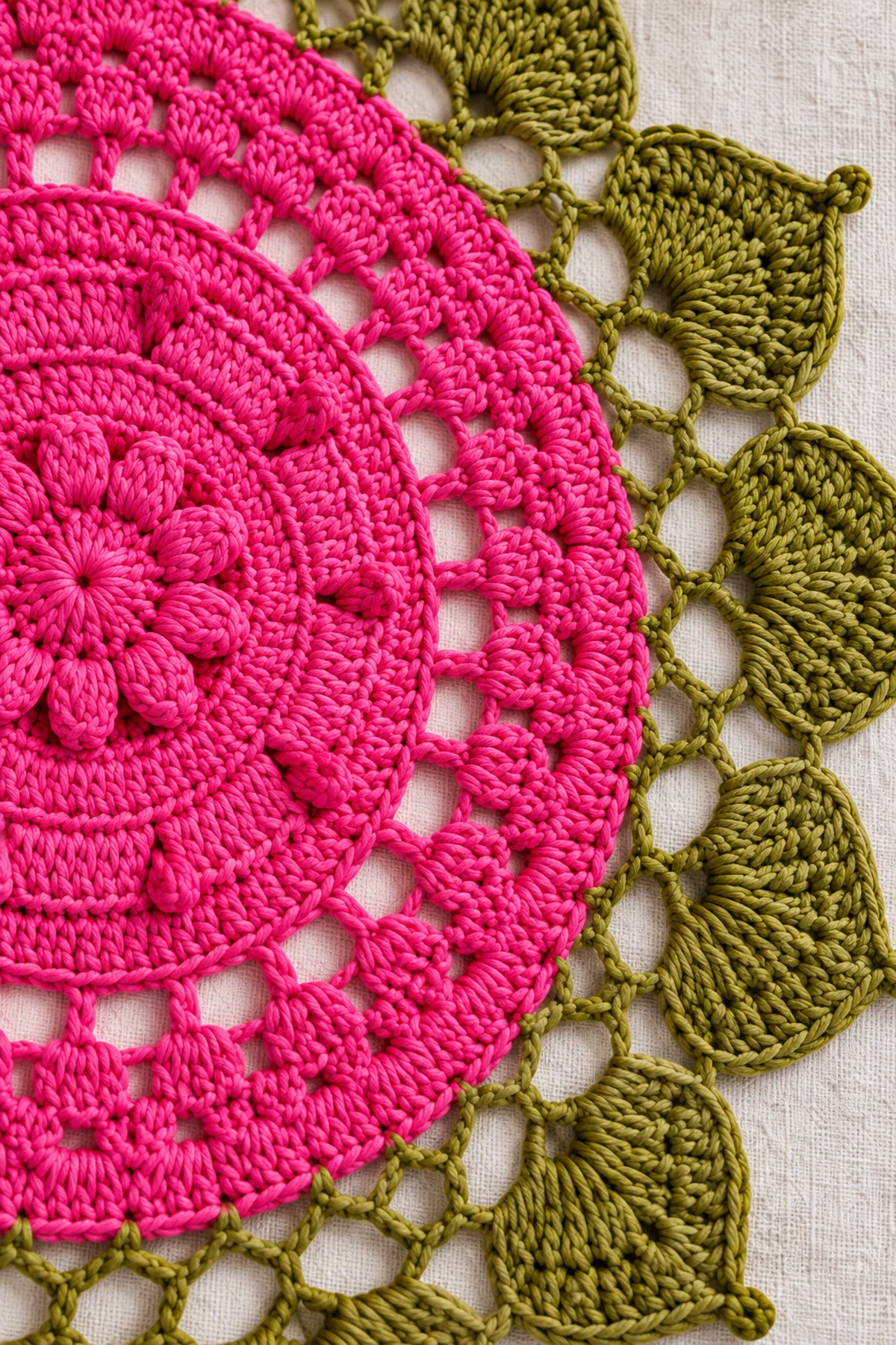 Close-up of raised pink petal clusters lace arches and pointed olive leaf border