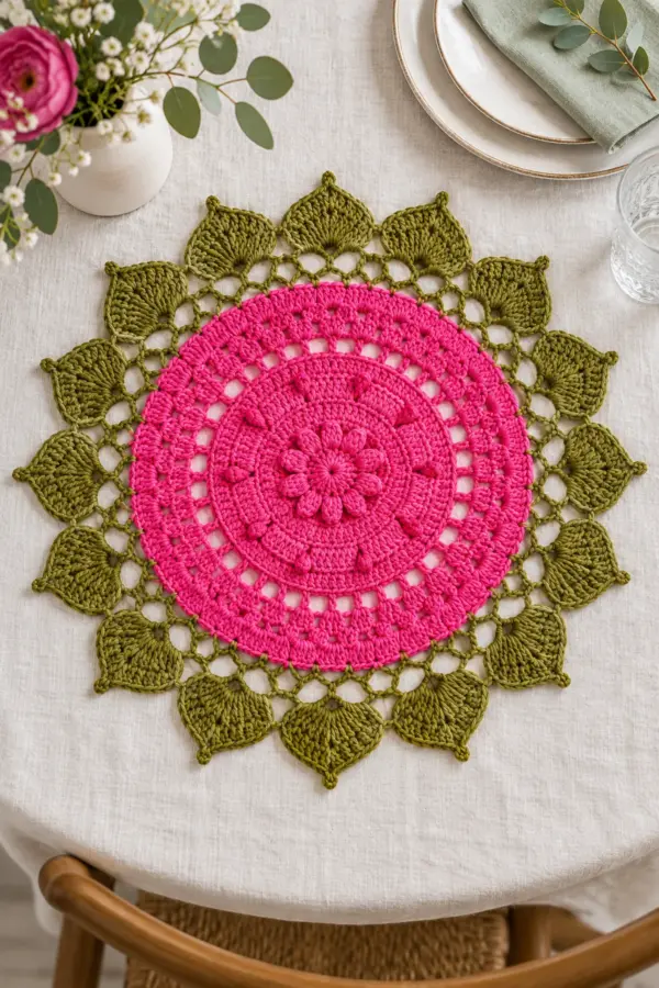 Finished raspberry pink and olive green floral round crochet doily placemat