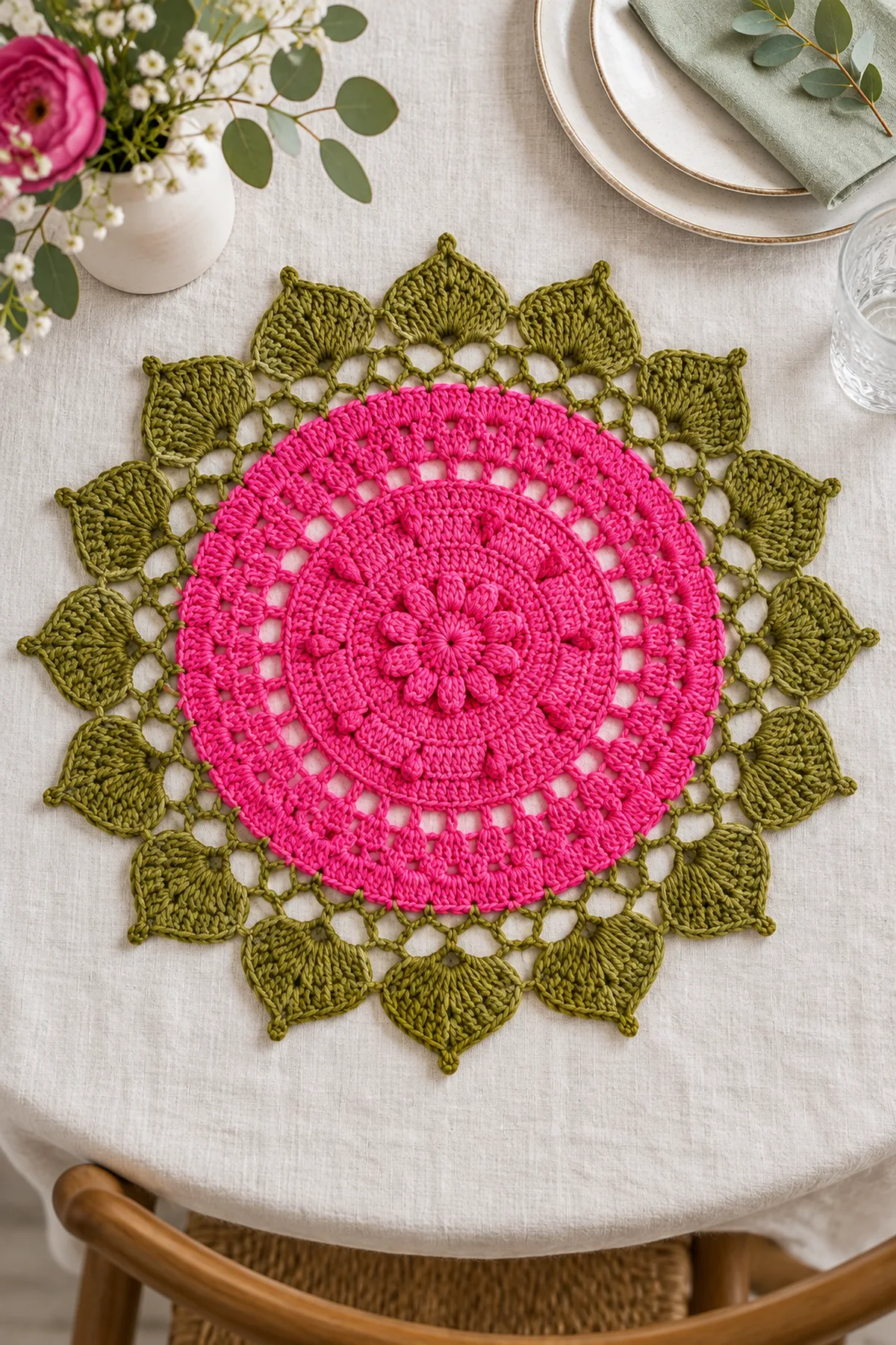 Finished raspberry pink and olive green floral round crochet doily placemat