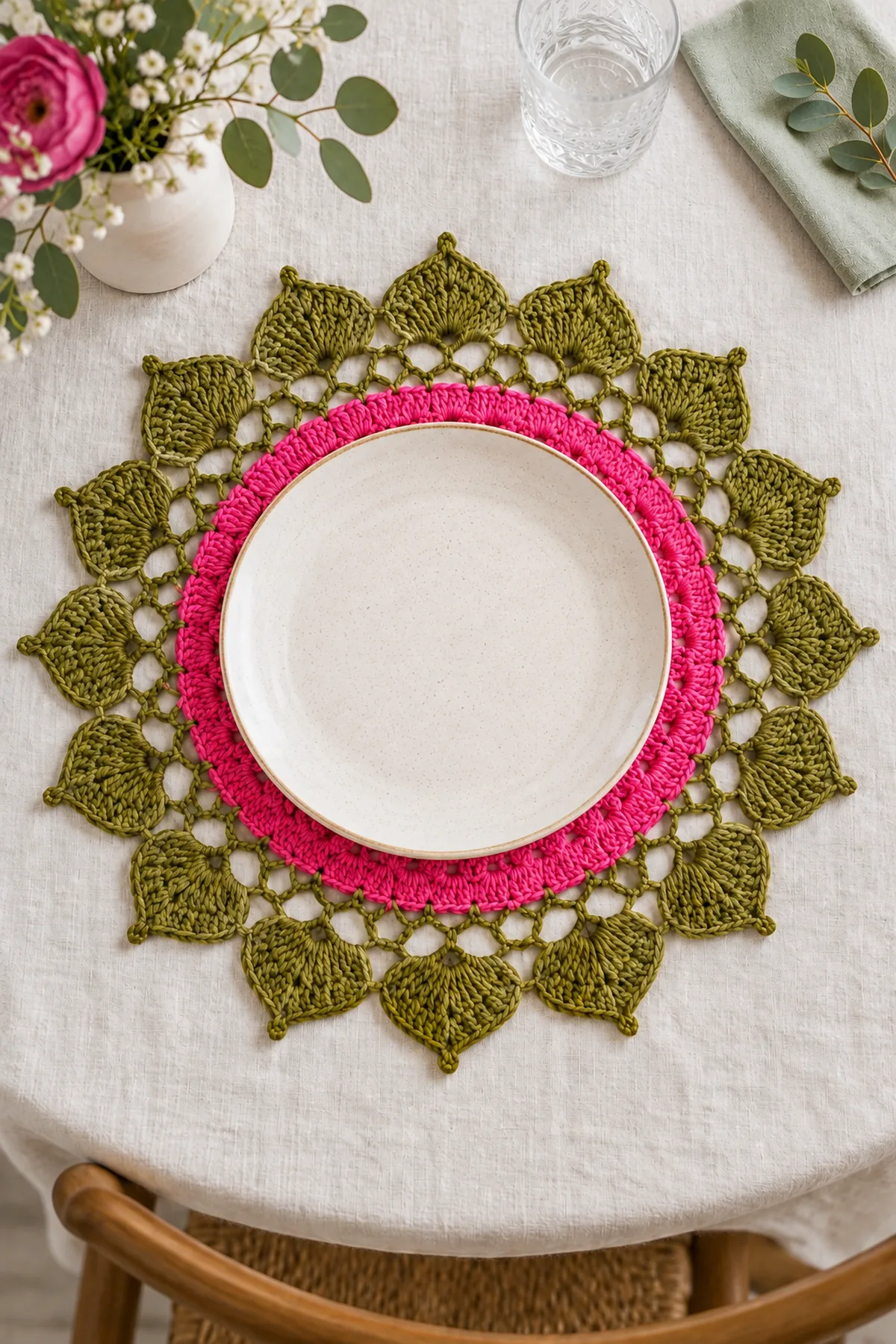Floral round doily crochet placemat styled beneath a cream dinner plate