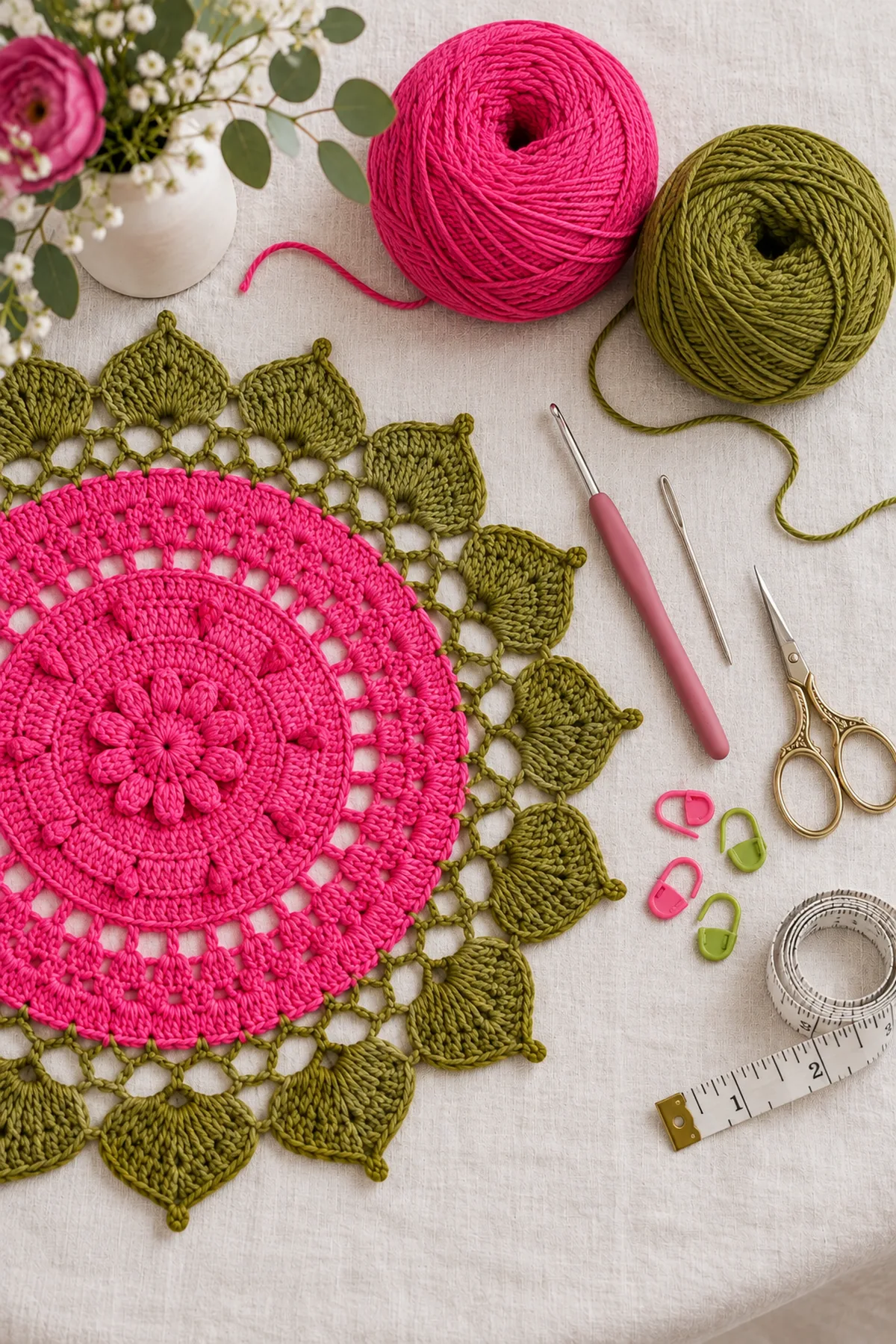 Raspberry and olive sport cotton crochet hook marker needle scissors tape measure and blocking pins