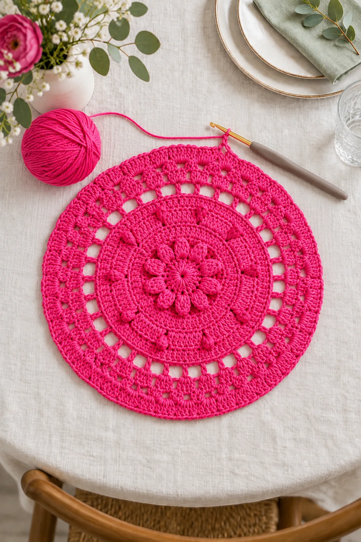 Raspberry crochet flower center after the first five joined rounds