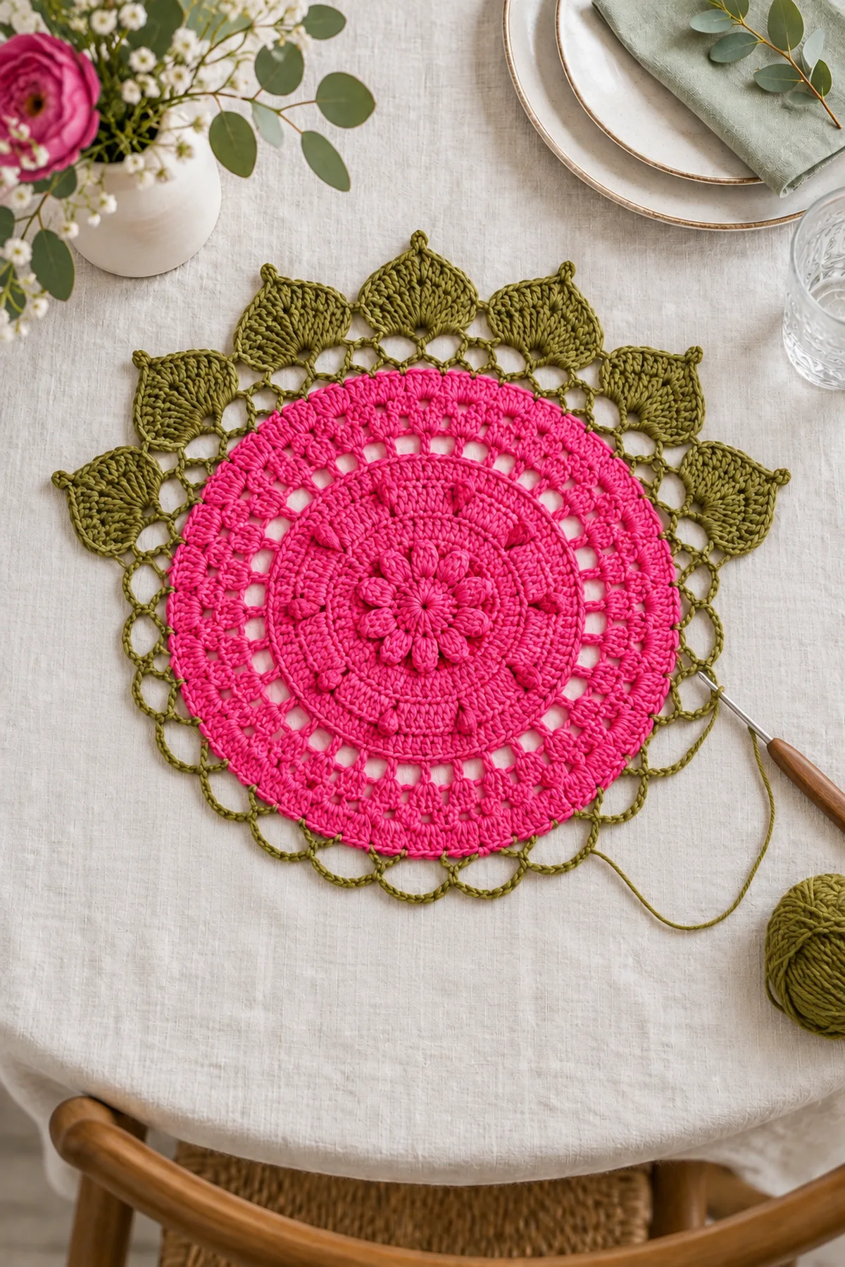 Round pink placemat with the openwork arch ring ready for olive leaf fans